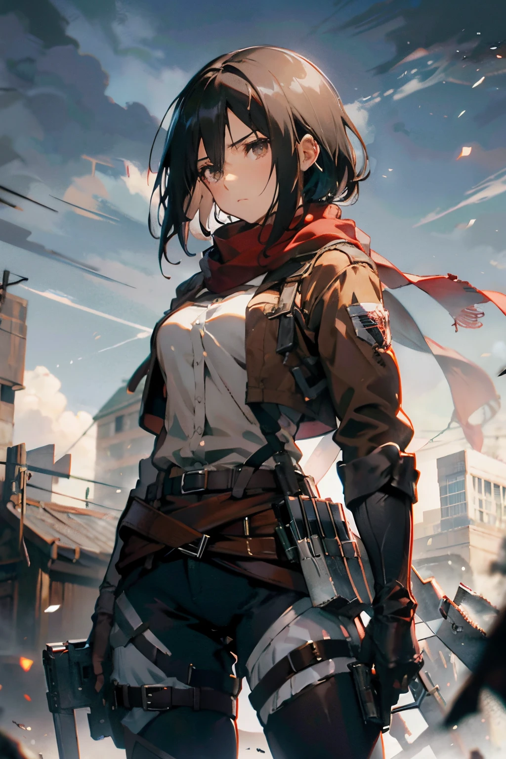 a 20 yo woman、Black-haired head hair、Bery short hair、dark themed、Muted Tones、Subdued Color、highly contrast、(natural skin textures、Hyper-Realism、Soft light、sharp)、aot style、Attack on Titan、Mikasa Ackerman、女の子1人、three-dimensional maneuver gear、arm strap、bangss、A dark-haired、Black pants、breastsout、cowboy  shot、embers、verd s eyes、greybackground、Background of burnt fields、hairs between eyes、Harnes、long-sleeve、looking at viewert、middlebreasts、Underpants、red scarf、scarf、The shirt、short-hair、fumo、独奏、Thigh strap、Brown jacket、white  shirt、survey team\(emblem\)、((​masterpiece))、top-quality、battle posture, Skysky, ​masterpiece, top-quality, hight resolution, hmmikasa, shorth hair, Black eyes, scarf, a belt, Thigh strap, red scarf, White pants, white  shirt, is standing, cowboy  shot,Stereoscopic control device，Attack on Titan，naked giant in the background，​masterpiece, top-quality, hight resolution, hmmikasa, shorth hair, Black eyes, scarf, emblem, a belt, Thigh strap, red scarf, White pants, Brown jacket, long-sleeve, holding weapon, attack on titan anime weapon sword, dual-wielding, Stereoscopic control device, battle posture, Skysky,giant in the background，