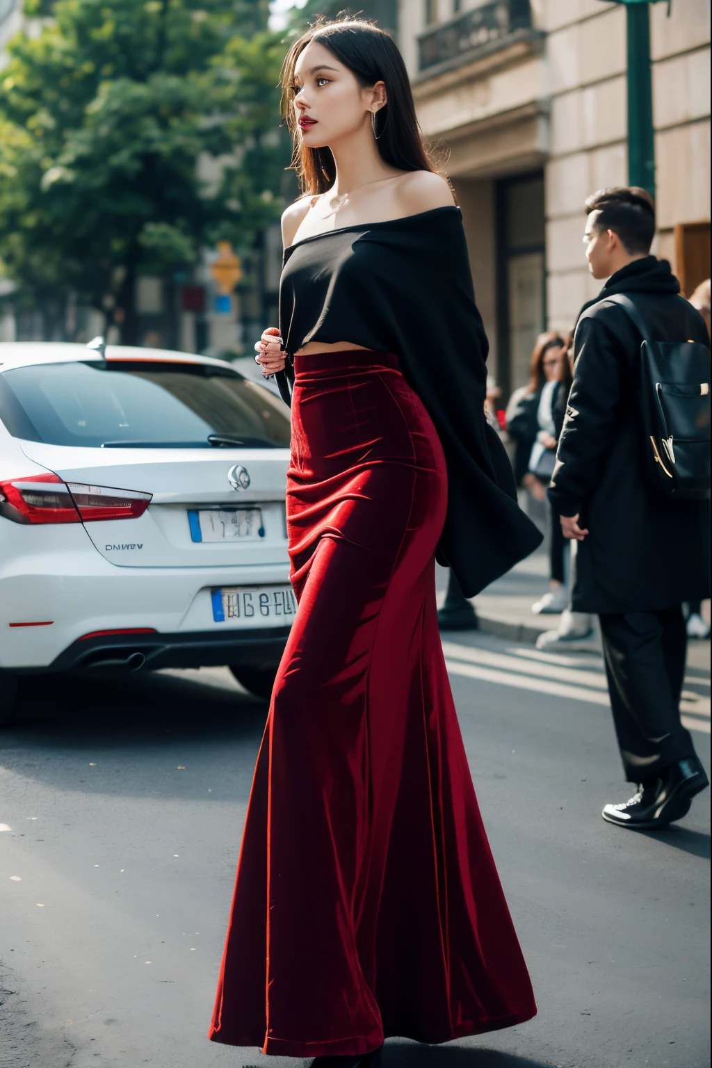 Velvet maxi skirt,This show is a high fashion show,cultivated,Film light and shadow,Meticulous portrayal