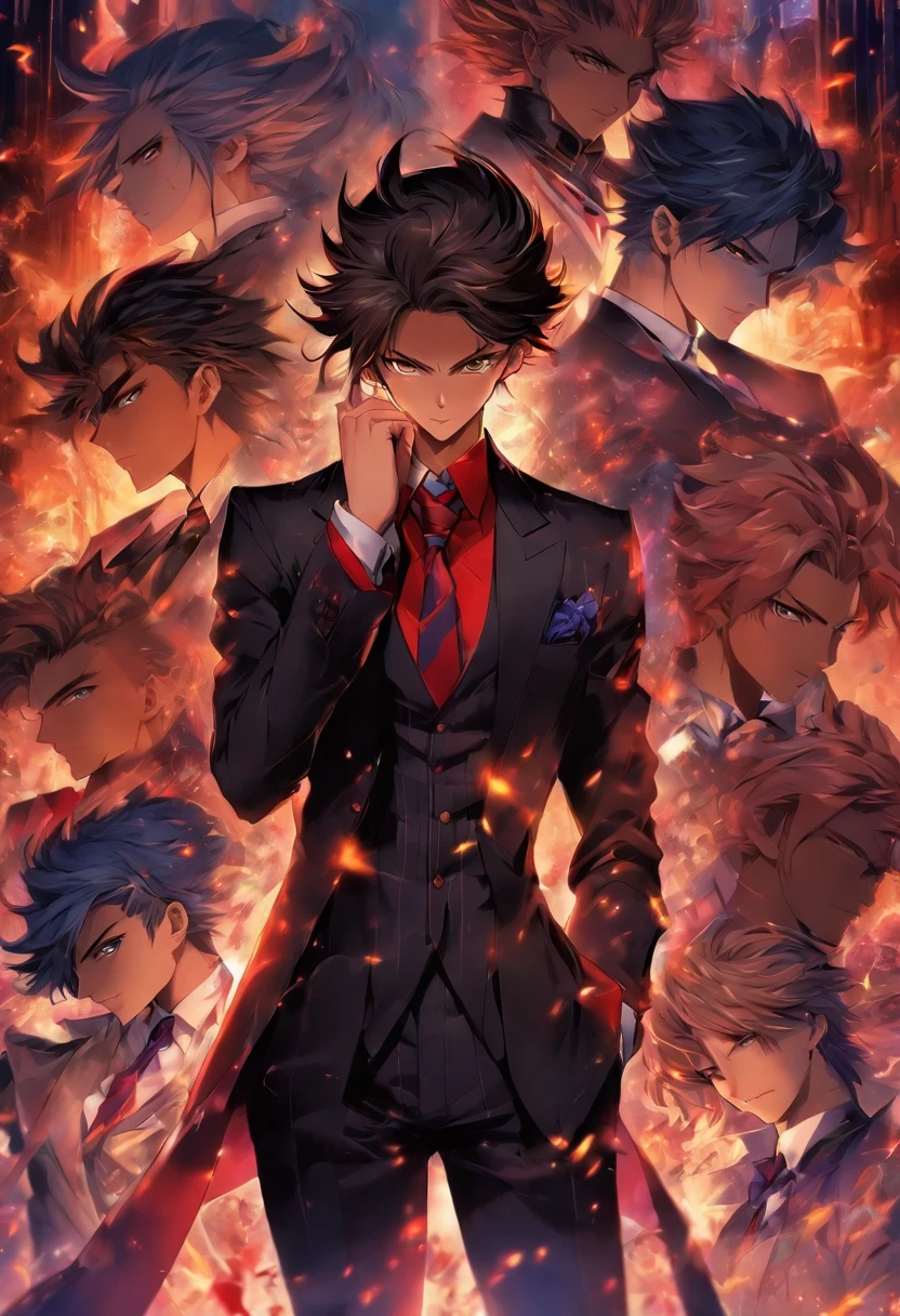 "A man wearing a suit and tie with three different photos, a handsome man in the art of demon slaying, an exquisite androgynous prince, a beautiful androgynous prince, male anime style, male anime character, cool anime pose, anime hottie, anime-style character, dark-colored suit, dressed in a sophisticated black suit, inspired by Yanjun Cheng, androgynous royalty."