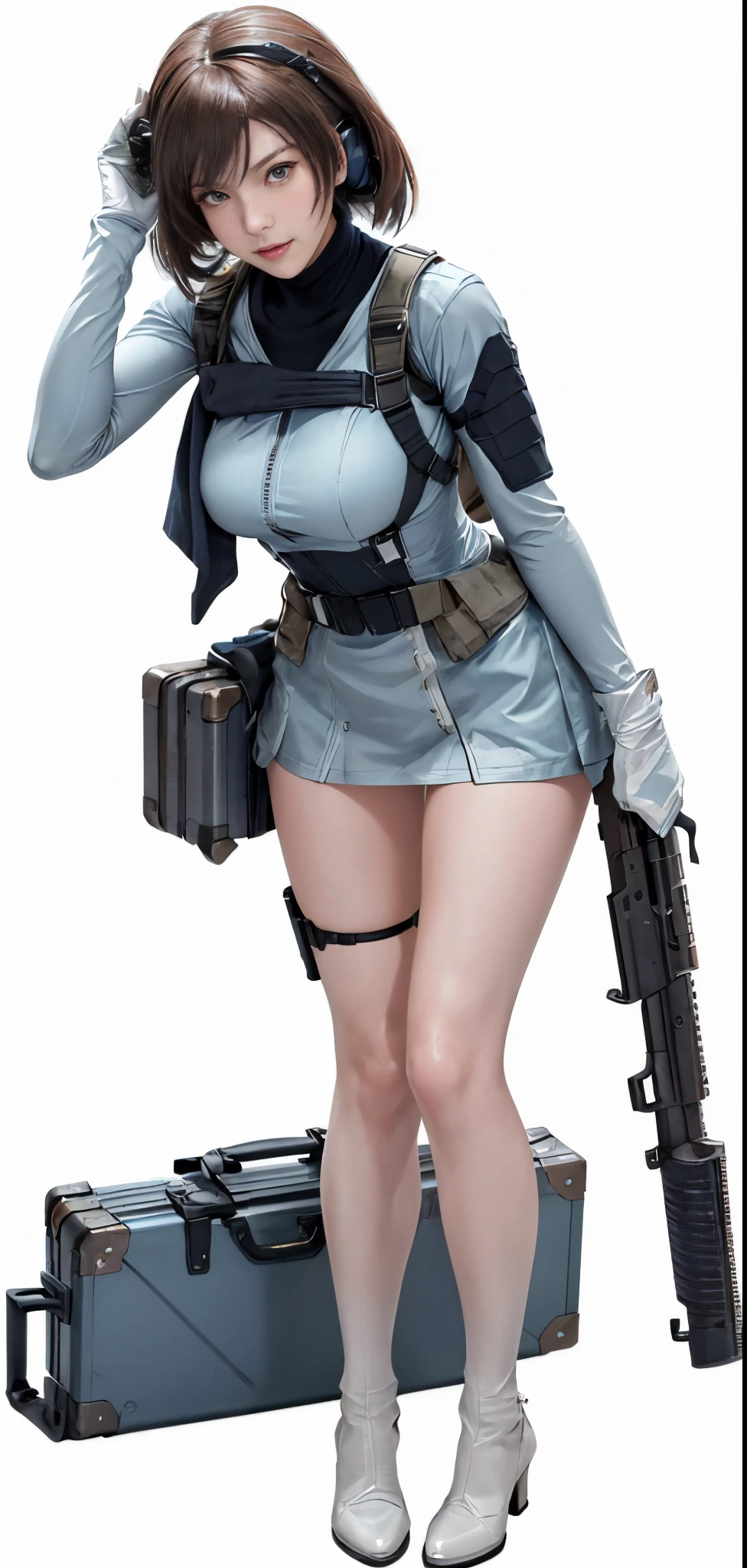 a close up of a person with a gun and a suitcase, glamorous jill valentine, render of april, m4 sopmod ii girls frontline, fine details. girls frontline, from girls frontline, mechanized soldier girl, full body shot hyperdetailed, full body close-up shot, 2b, 2 b, inspired by Leng Mei, mary nikke cg