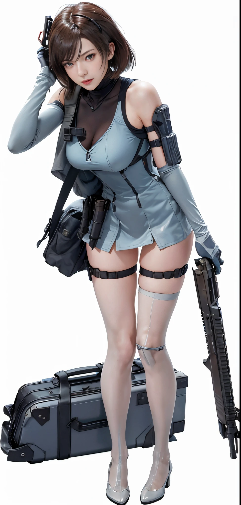 a close up of a person with a gun and a suitcase, glamorous jill valentine, render of april, m4 sopmod ii girls frontline, fine details. girls frontline, from girls frontline, mechanized soldier girl, full body shot hyperdetailed, full body close-up shot, 2b, 2 b, inspired by Leng Mei, mary nikke cg
