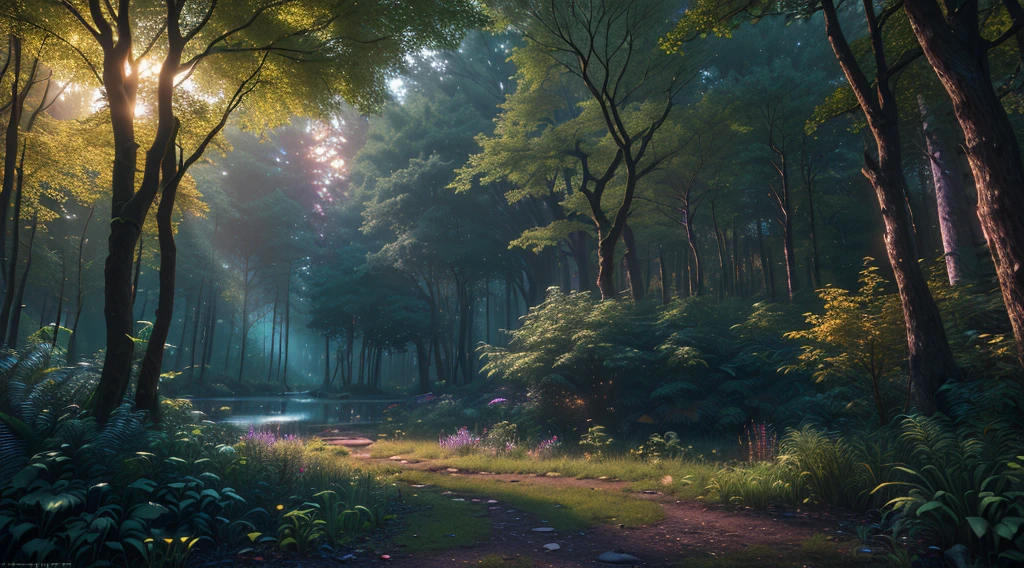 (high resolution uncompressed raw photo:0.8), abandoned overgrown Magic Sanctuary in a forest with lake view ata night and colorful trees, (twilight), sun, beauty, interesting lights and shadows, focus blur:0.4, masterpiece, (extremely detailed CG unity 8k wallpaper), 8K render, wide angle full body, plant, trending, magic Museum