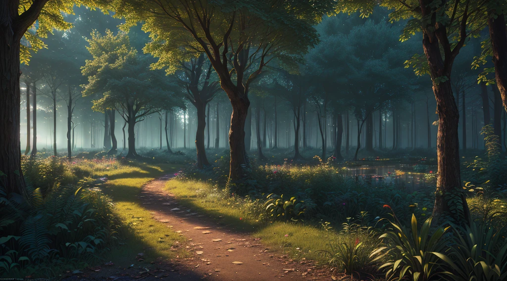 (high resolution uncompressed raw photo:0.8), abandoned overgrown Magic Sanctuary in a forest with lake view ata night and colorful trees, (twilight), sun, beauty, interesting lights and shadows, focus blur:0.4, masterpiece, (extremely detailed CG unity 8k wallpaper), 8K render, wide angle full body, plant, trending, magic Museum