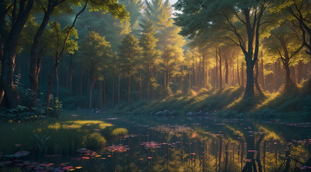 (high resolution uncompressed raw photo:0.8), abandoned overgrown Magic Sanctuary in a forest with lake view ata night and colorful trees, (twilight), sun, beauty, interesting lights and shadows, focus blur:0.4, masterpiece, (extremely detailed CG unity 8k wallpaper), 8K render, wide angle full body, plant, trending, magic Museum