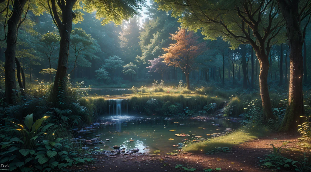 (high resolution uncompressed raw photo:0.8), abandoned overgrown Magic Sanctuary in a forest with lake view ata night and colorful trees, (twilight), sun, beauty, interesting lights and shadows, focus blur:0.4, masterpiece, (extremely detailed CG unity 8k wallpaper), 8K render, wide angle full body, plant, trending, magic Museum