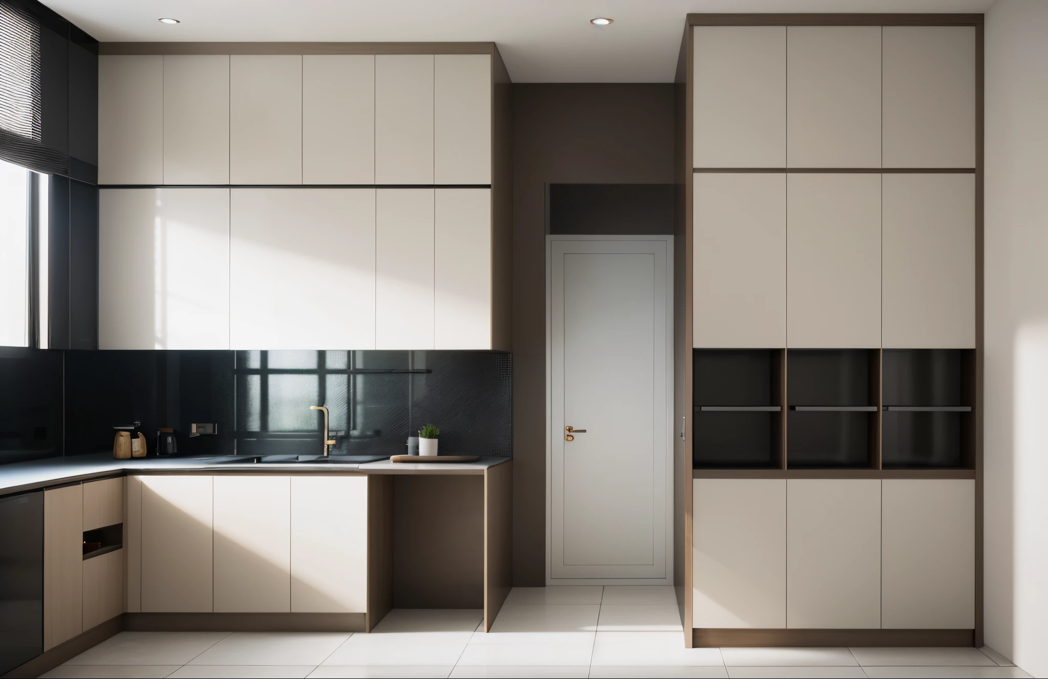 morden kitchen design,Super sharp like photos taken with a professional camera, (Masterpiece,best quality,8k uhd,dslr,soft lighting,high quality,hyper detail,film grain,Fujifilm XT3, UE 5 render 8k, super high resolution, supper detail:1.2), color block wall decor, Cream color block wall decor, glossy floor, (((volumetric light))), dark tone, glossy floor