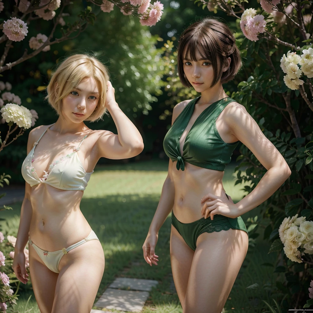 An anime girl with short blonde hair and dark green with a graceful figure, beautiful anime portrait, anime style 8K, beautiful anime girl, anime art wallpaper 8 K, beautiful anime artwork, flowers around her, super delicate, in line with common sense, , no underwear