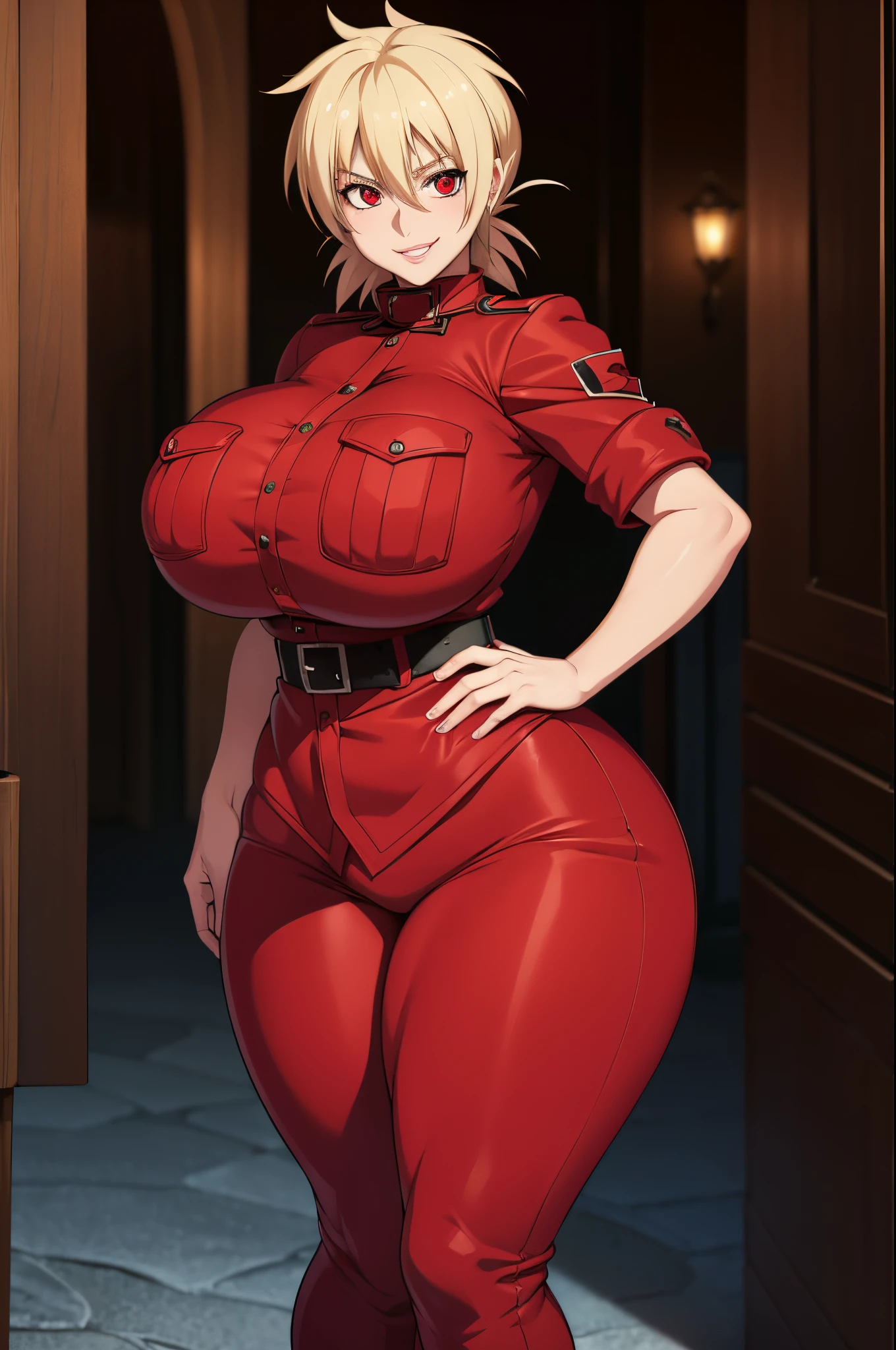 Masterpiece, 4K, Hellsing Ultimate, Seras Victoria, 1girl, ((bimbo))), short blond spikey hair, red eyes, cute smile face, puffy lips, thick lips,, wide hips, thick thighs, enormous round fake breast, huge ass, police uniform, red jeans, legs posing