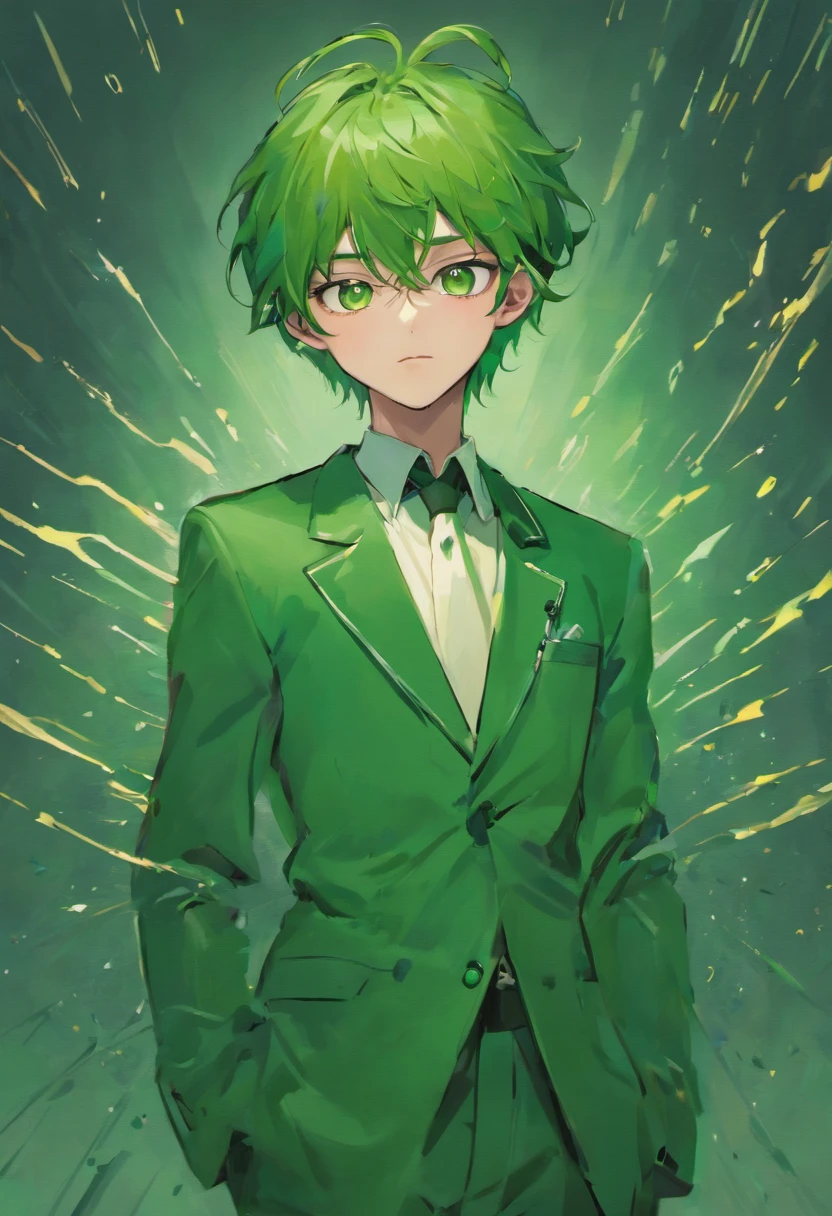 (best quality,4k,8k,highres,masterpiece:1.2),ultra-detailed,(realistic,photorealistic,photo-realistic:1.37),man in a green suit, stylishly holding a knife with a tie, an anime character in demon slayer-inspired art, exquisitely designed androgynous prince, beautiful androgynous prince, inspired by Yanjun Cheng, cai xukun, jk school uniform, inspired by Yanjun Cheng, cai xukun, magic school student attire, striking anime pose, inspired by Zhang Han, yanjun chengt, sharp and vivid Demon Slayer fan art.