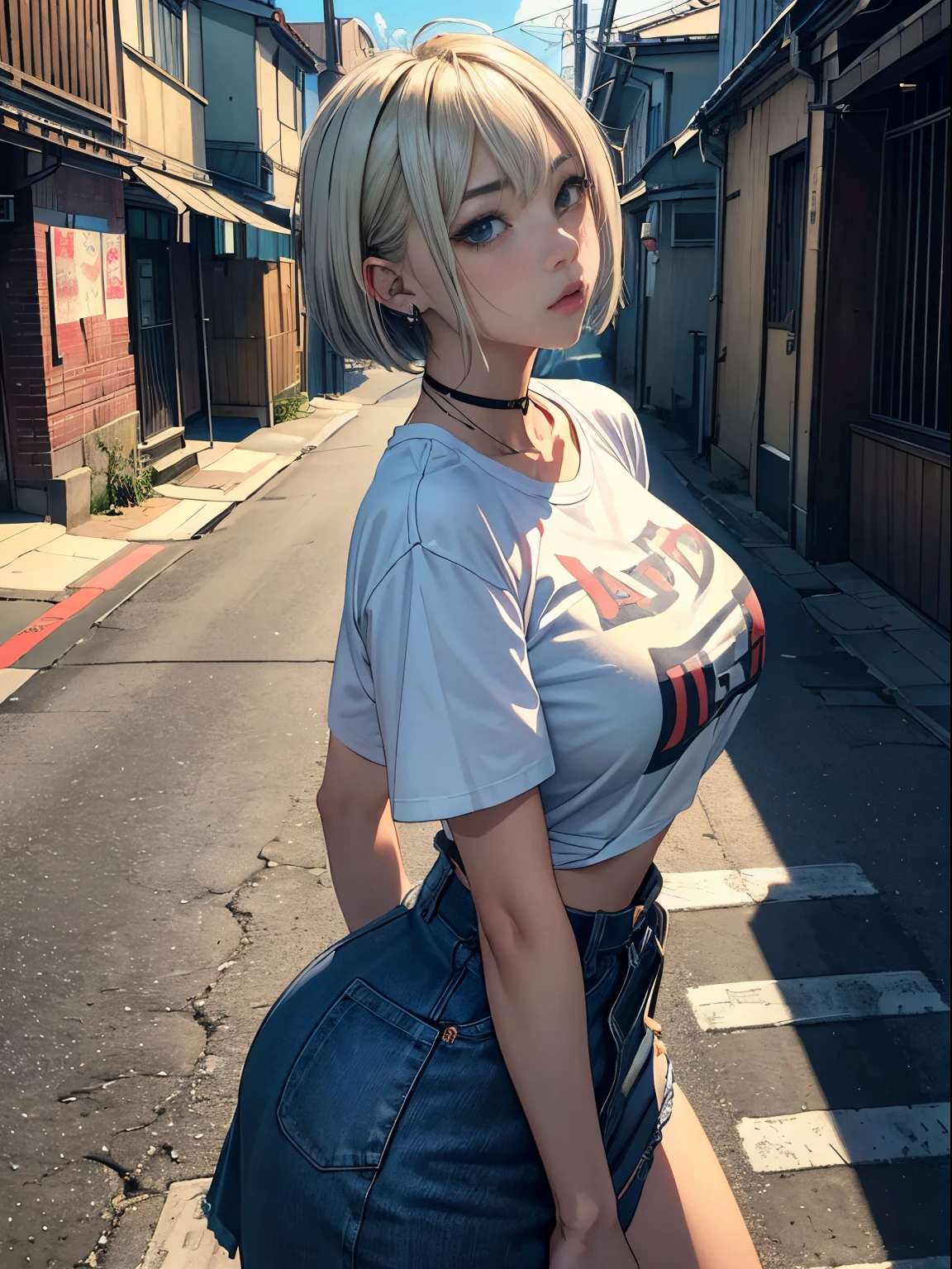NSFW, top-quality, intricate detailes, chromatic abberation, 1girl in, Dynamic Pose, turned around, Cinematic Angle, short silver hair, Blue Highlights, heterochromia iridis, Gentle smile, Oversized T-shirt, Super Super Mini Skirt, Pull up your skirt to show your panties, Cowboy Shots, wind lift, (oversize tshirt: 1.2 inch), Concrete walls, doodle, the street