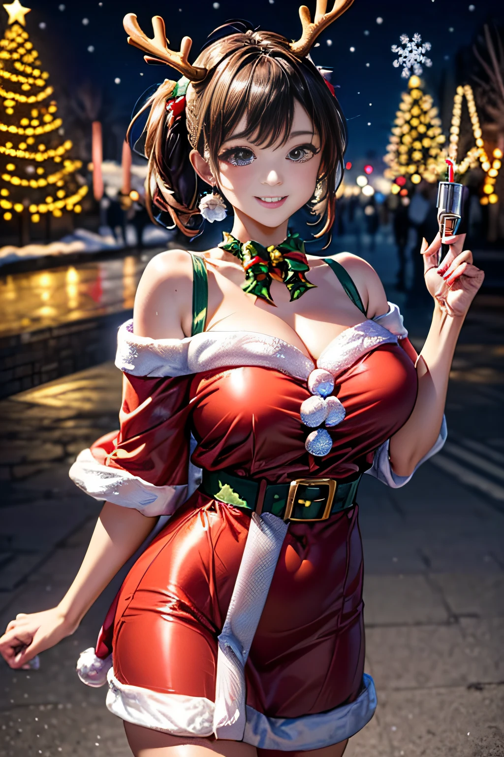 (((Two-shot photo of two cosplayers:1.3))),(((Gorgeous Christmas illuminations on street trees:1.3))),christmas tree night lighting,(((Santa Claus cosplay woman:1.3))),(((A woman enjoying cute reindeer cosplay:1.3))),a miniskirt,off shoulder with sleeves,(Emphasis on large breasts:1.3),(Short hair with shiny silver and orange stripes,Ponytail twisted buns adorned with elaborate braids and beads,Braided Setup Fishbone Hair,),(Bangs are see-through bangs),with round face,An attractive woman with a natural smile and charming expression,Transparent skin,(The 8k quality,masutepiece,top-quality,Ultra-high resolution output image,),(Highly detailed raw photos:1.3),(Image Mode Ultra HD),