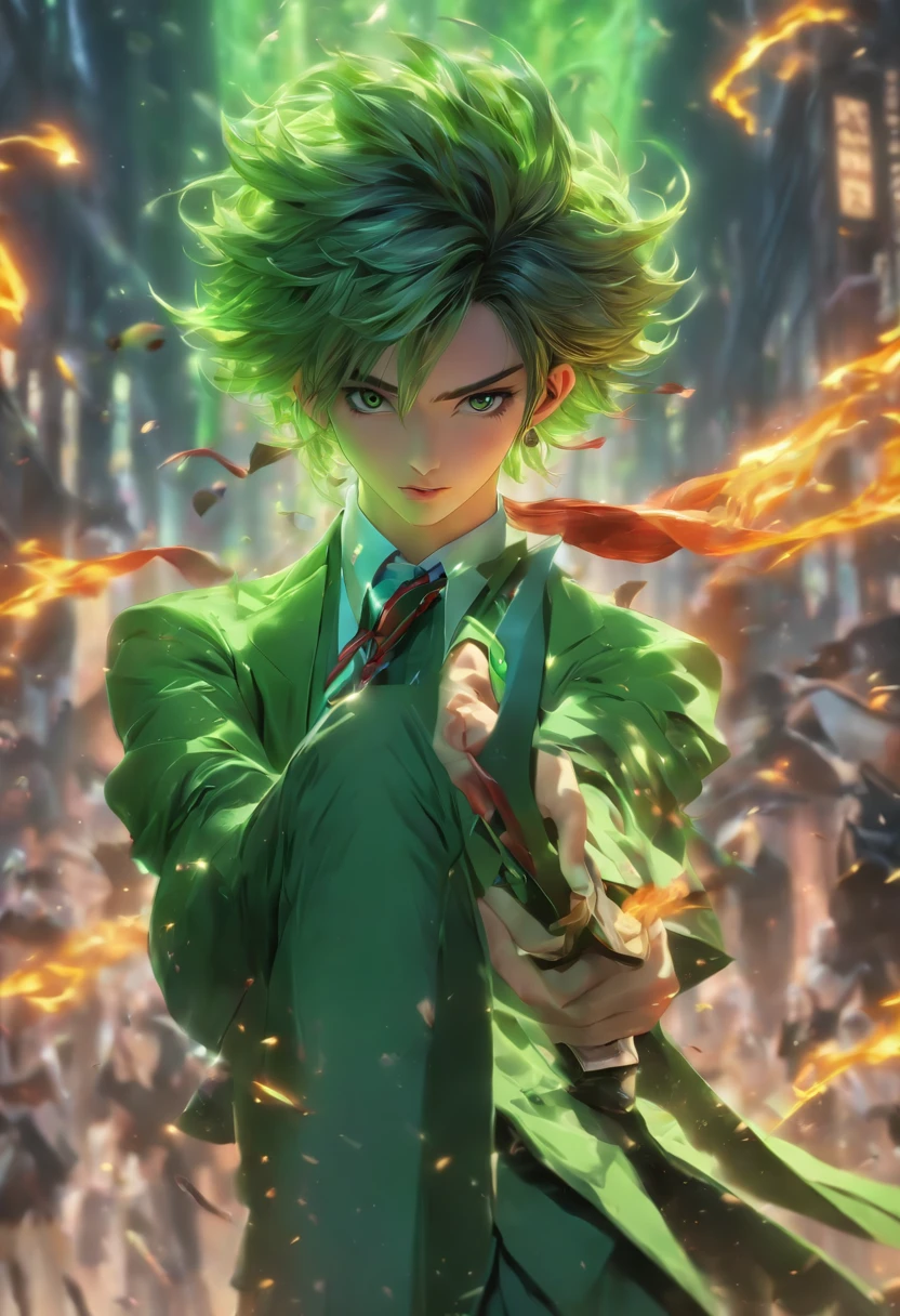 (best quality,4k,8k,highres,masterpiece:1.2),ultra-detailed,(realistic,photorealistic,photo-realistic:1.37),man in a green suit, stylishly holding a knife with a tie, an anime character in demon slayer-inspired art, exquisitely designed androgynous prince, beautiful androgynous prince, inspired by Yanjun Cheng, cai xukun, jk school uniform, inspired by Yanjun Cheng, cai xukun, magic school student attire, striking anime pose, inspired by Zhang Han, yanjun chengt, sharp and vivid Demon Slayer fan art.