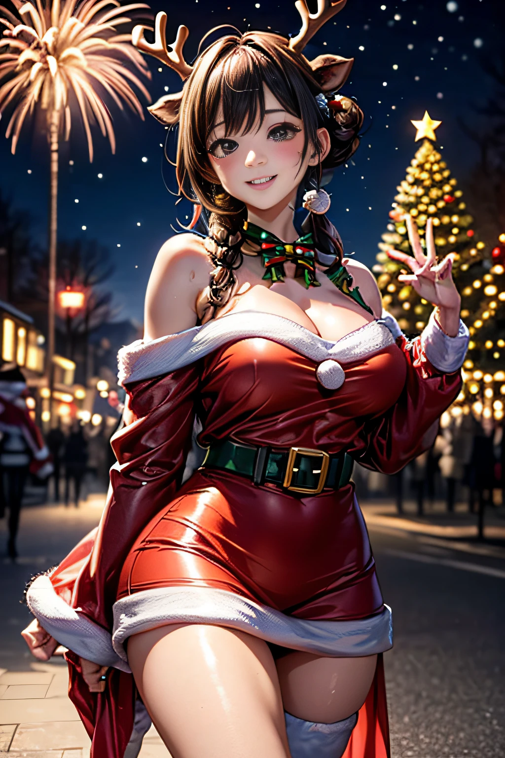 (((Two-shot photo of two cosplayers:1.3))),(((Gorgeous Christmas illuminations on street trees:1.3))),christmas tree night lighting,(((Santa Claus cosplay woman:1.3))),(((A woman enjoying cute reindeer cosplay:1.3))),a miniskirt,off shoulder with sleeves,(Emphasis on large breasts:1.3),(Short hair with shiny silver and orange stripes,Ponytail twisted buns adorned with elaborate braids and beads,Braided Setup Fishbone Hair,),(Bangs are see-through bangs),with round face,An attractive woman with a natural smile and charming expression,Transparent skin,(The 8k quality,masutepiece,top-quality,Ultra-high resolution output image,),(Highly detailed raw photos:1.3),(Image Mode Ultra HD),