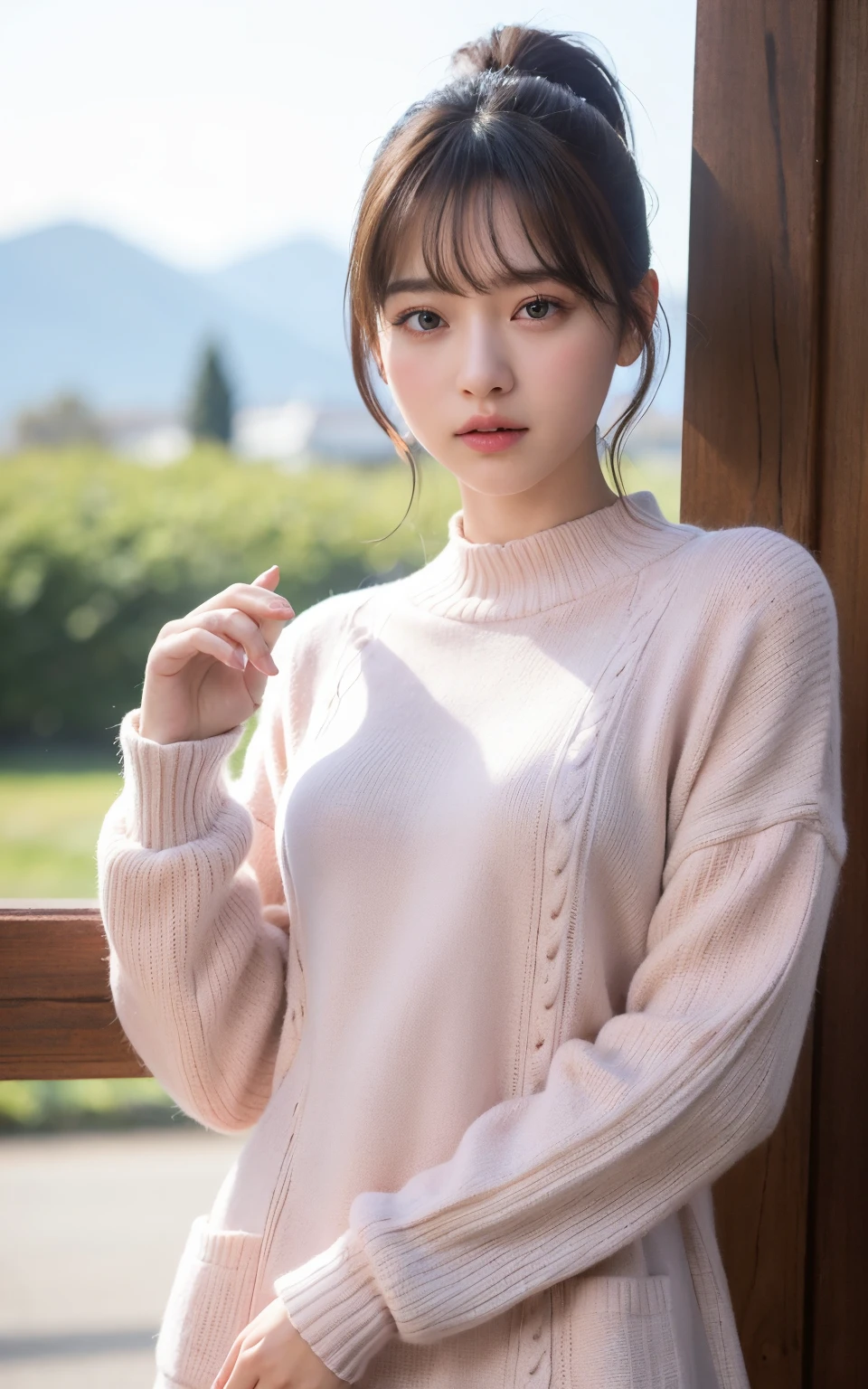 extremely detailed CG unity 8k wallpaper, best quality, ultra-detailed, masterpiece, realistic, photo realistic, extremely detailed cute girl, 25years old, blush, parted lips, round eyes, sweater dress,  looking at viewer , half body shot  , ponytail