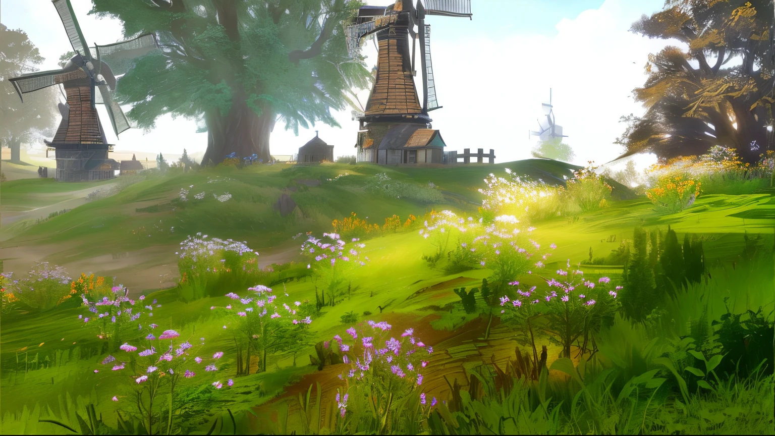 There are many windmills in the fields，The foreground is flowers, Nice screenshot, stunning screenshot, <mmorpgs scene, pc screenshot, ingame image, beautiful surroundings, Set in the world of Guild Wars 2, fantasy mmo, from wow, ultra wide gameplay screenshot, hd screenshot, world of warcraft screenshot, forest woodland, pc screen image, Incredible screenshots