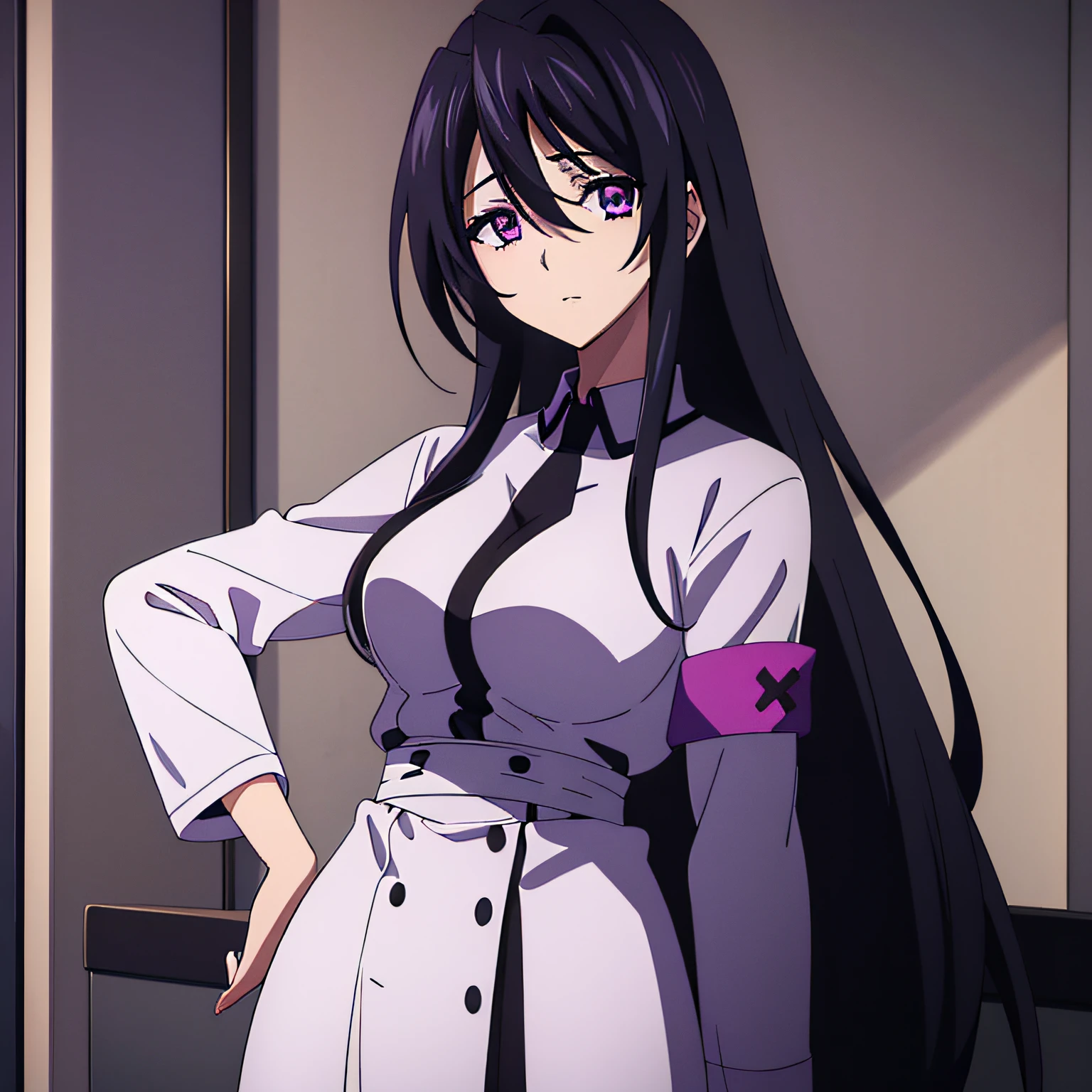 1 girl, (beautiful eyes finely detailed, purple eye color, black hair, long hair), wearing nurse uniform, (full body:0.8), the backgroud is hospital room, masterpiece, high-resolution, masterpiece, top-quality, detailed, best anime illustration.