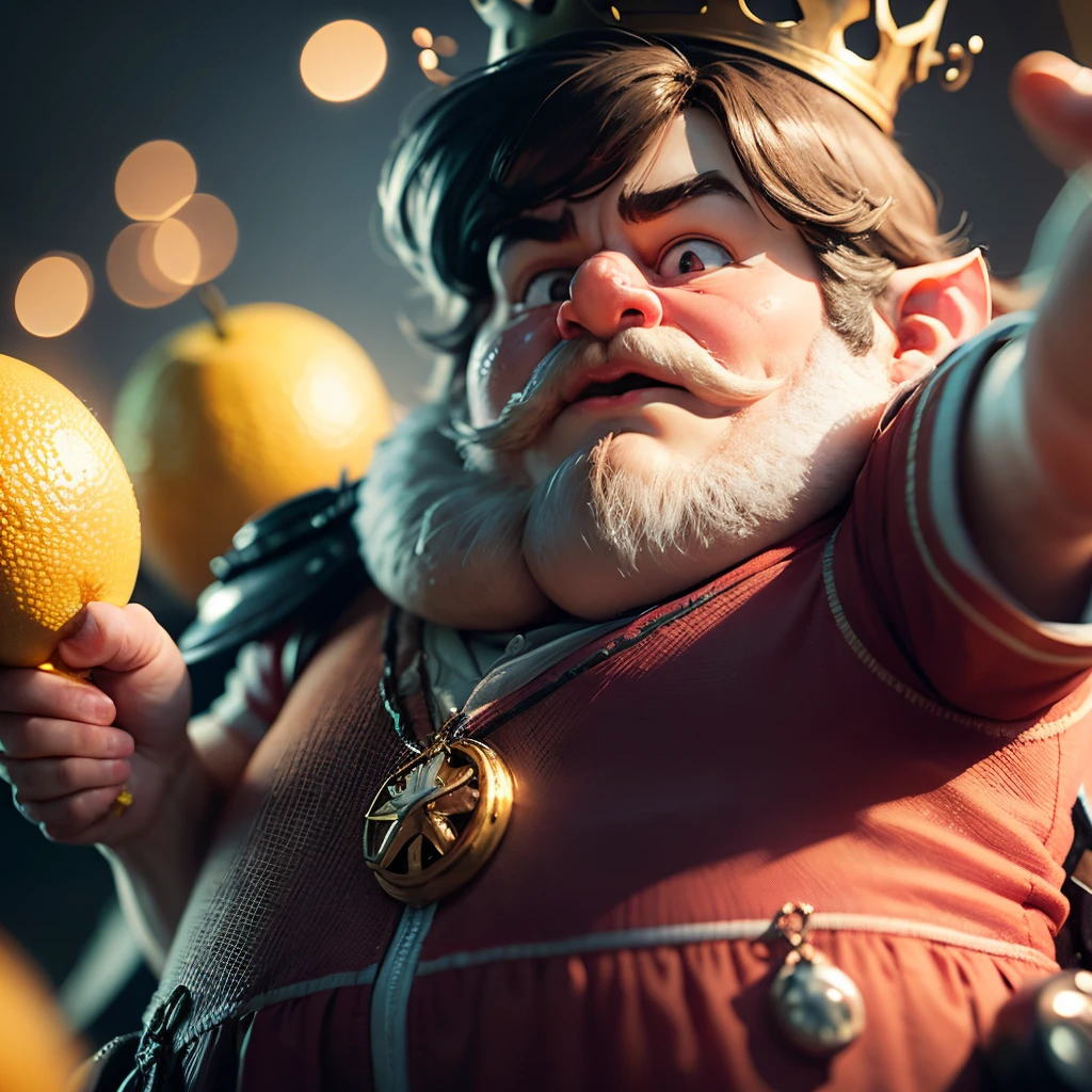 A very dynamic scene, an Italian fairy tale. Character: Fat man Lemonfruit. He speaks very emotionally from the podium, waving his small hands, spraying saliva. From shoulder to waist there is a wide red ribbon with orders and medals on it. There is a very small crown on the head. 3D cartoon character, bottom-up view. close-up, Lots of detail, Soft lighting, Cinematic lighting around the edges. Blurred background. light haze. --auto --s2