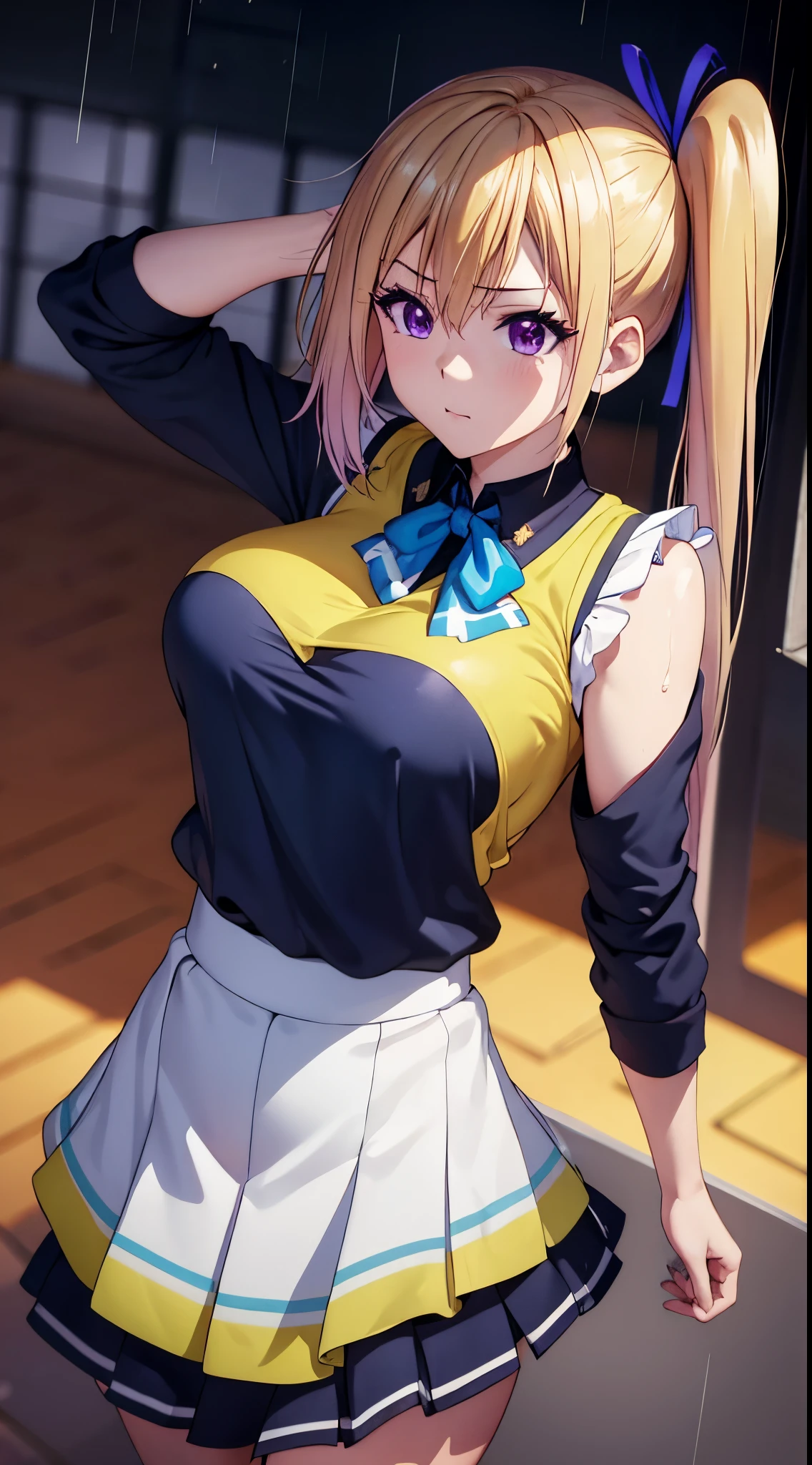 (masterpiece), 8k ultra hd , high quality, best quality, expressive eyes & face, cute sulking, perfect face, perfect body, perfect body beautiful, 8k ultra hd , high quality, hair clip, shining hair, wearing tights , pink skirt , navy blue shirt,tug in shirt,perfect eye & eyebrow, kawakami_mai, long hair, large breasts, blonde hair, purple eyes, hair ribbon, ribbon,single side ponytail, mole under eye, school uniform, sweater vest, anime style,heavily raining, drenched , blushing
