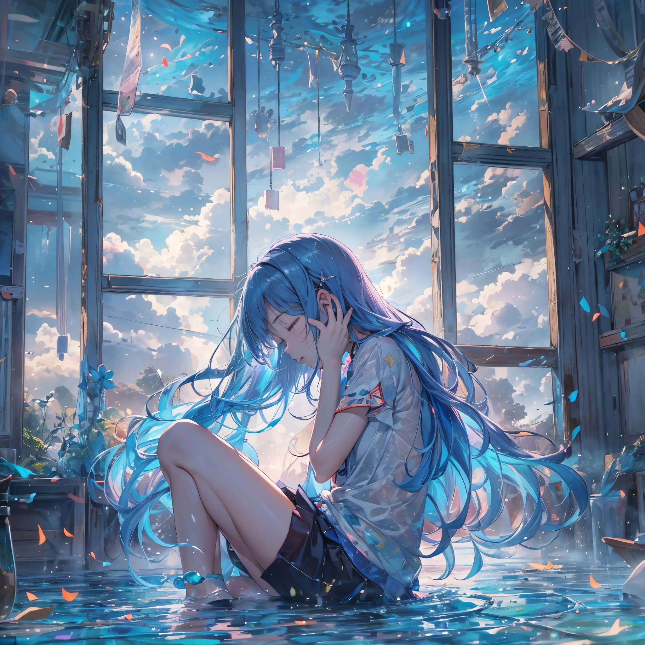 top-quality,masutepiece,1womanl,独奏,(Artistically:1.4),(Superb view:1.6),(A sparkling blue world:1.4),(Close your eyes and shed tears:1.4)There is a beautiful woman at the center of the world,A ray of light,prisma,i just stood there,i exhale、I was doing everything I could to deal with my worst anxiety....,I am clumsy,i'i'i'I'm running away from being hurt,I comfort myself by going back and forth between reality and my notes....,What a difficult world to live in....,Please be by my side so that my sadness disappears....,dong'dong'dong'don't take everything away,No one will scold you if you take a short break....,a person々complexion while observing,very sad and pathetic,timid and beautiful,i'i'i'I'm afraid of being hated,I wonder if I can believe it????,tome'tome'tome'It's okay to be here,you are no good'you are no good'you are no good'You don't have to try too hard,please accept yourself kindly,The words shine with all their might,