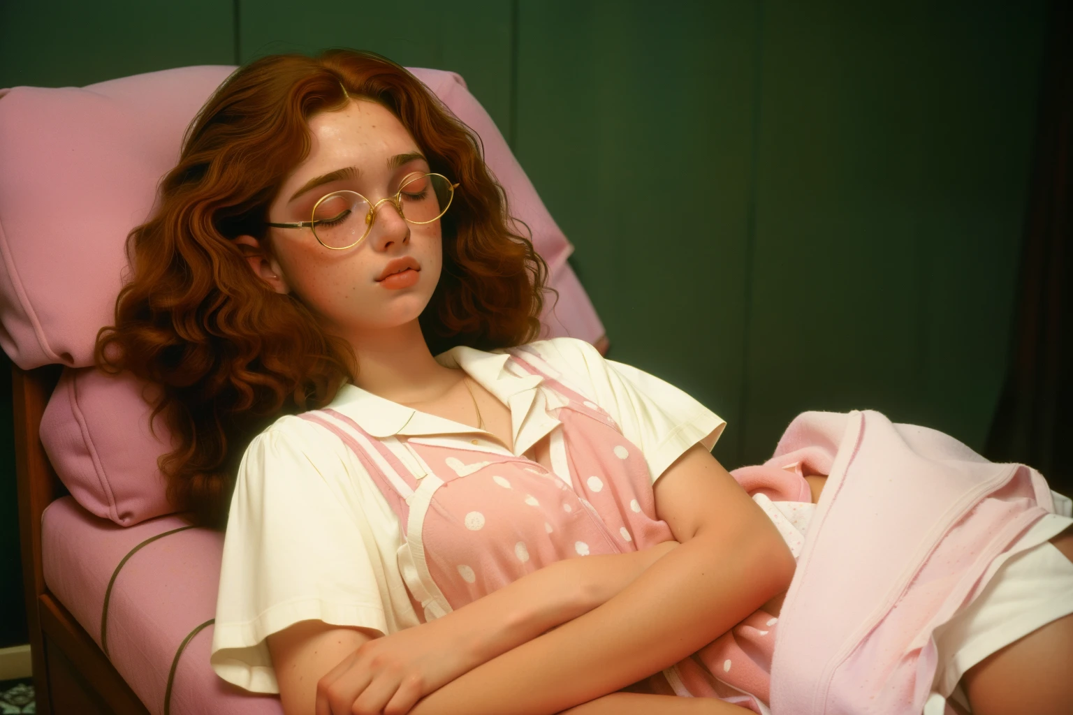 1997, Berkshire County, Massachusetts. Pre-raphaelite , curly hair, ((freckles)), glasses, sick, closed eyes, ((fainted, passed out)), ((((Clothing from the 1990s)))), ((Hairstyle of the 1990s)), ((Wes Anderson cinematic style)), colorful