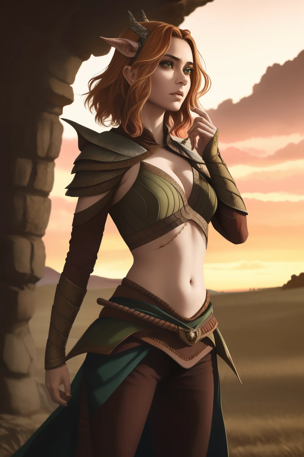 doric, armadura, sardas, (extremamente detalhado), foto de corpo inteiro da obra de arte mais bonita do mundo, mulheres bonitas, sun sunset, intrincado, alto detalhe, Realistic, olhos verdes, cabelo castanho, decote, tiefling, seios nus, barriga nu