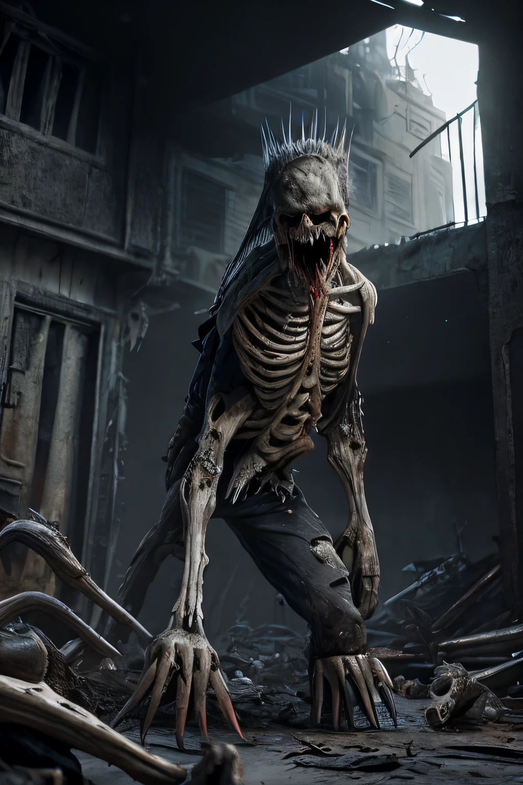 (extremely detailed 8k wallpaper), Dark Theme, (zombie), ((grey eyes)), uses (torn clothes), ((large claws)), ((sharp teeth)), ((gray skin)), (((Bone Spikes on the body))), fine focus, (subsurface dispersion:1.1), centered face, (((realistic))), (((Full Body))), award-winning photography, dramatic lighting, underground building.