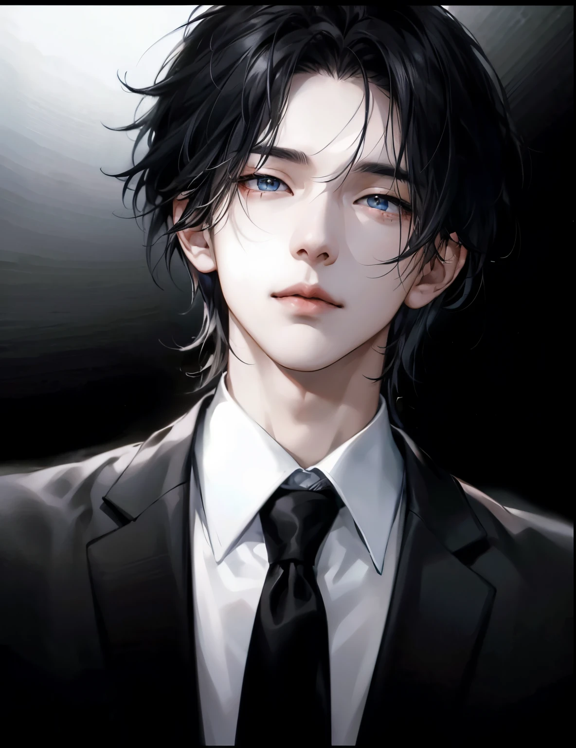 (hoang lap,hight resolution,Hyper-detailing,nffsw),tmasterpiece,best qualtiy,1boy,Handsome,short detailed hair,fine eyes and detailed face,Black and white suit,Dimples,Simple black and white background,Self-shot,black colored hair,paleskin