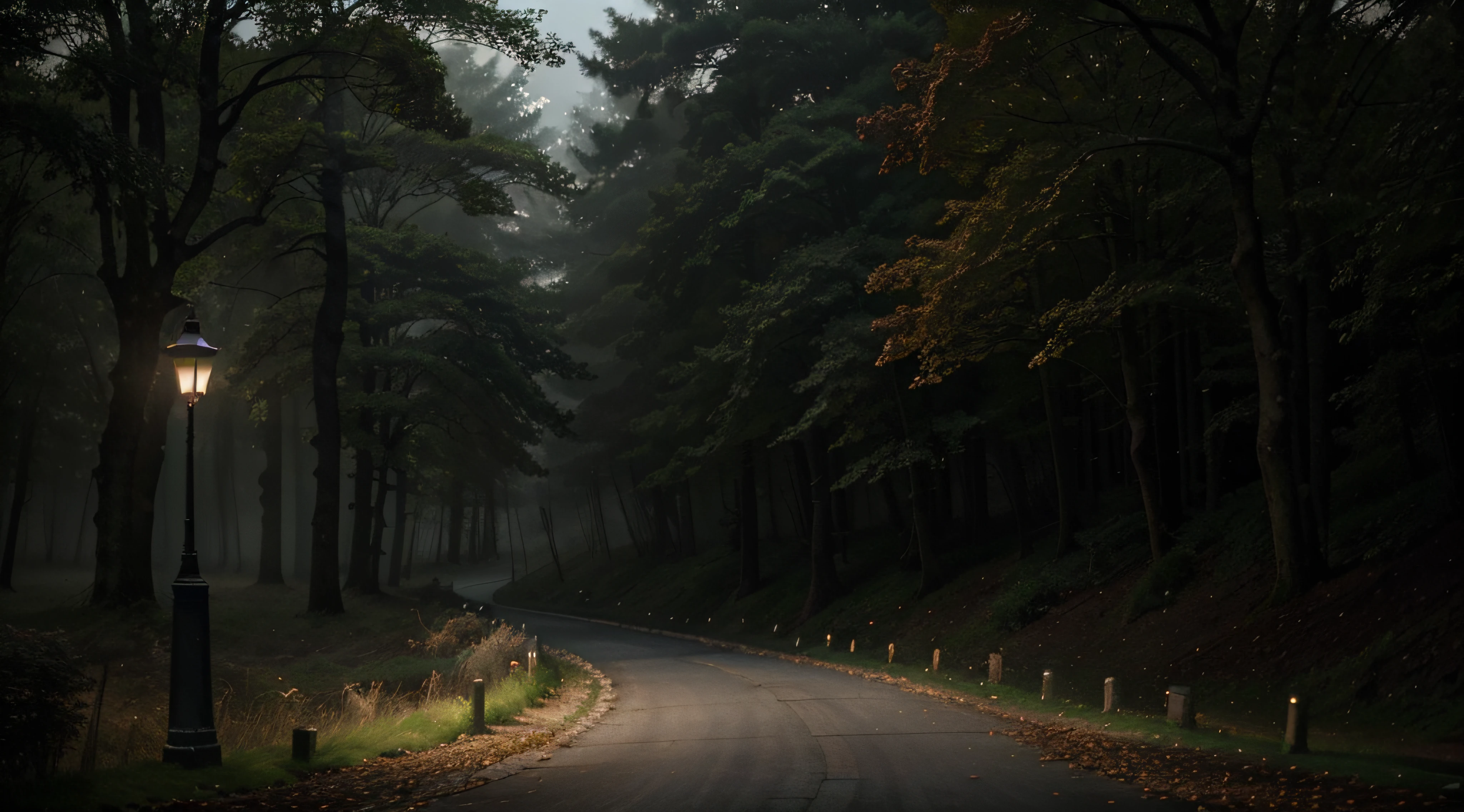 Capture the serene beauty of a foggy evening on a secluded road weaving through a mystical forest. Enchanting lampposts line the path, their warm lights piercing through the thick mist, creating an ethereal atmosphere. Illuminate the scene with the delicate dance of light and shadow, evoking a sense of mystery and tranquility.