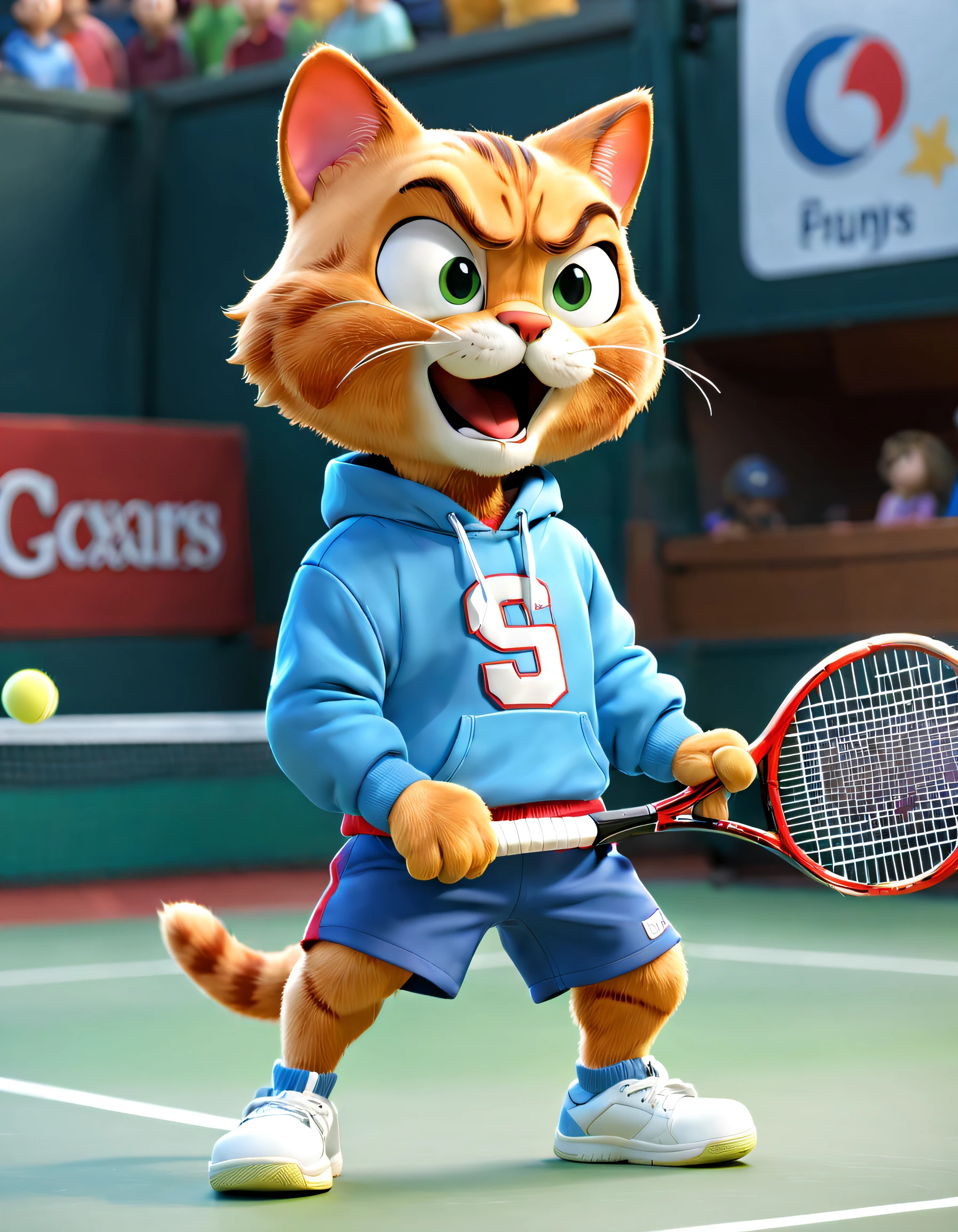 There is a Garfield cat playing tennis on the court, ,Red and blue sweatshirt and shorts, Garfield playing tennis, Hitting action, adorable expression, Background with：Tennis hall ，3d，Cartoonish，Made by Pixar，kawaii，