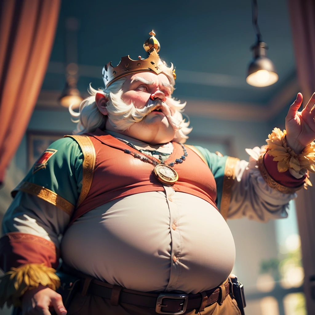 A very dynamic scene, an Italian fairy tale. Character: Fat man Lemonfruit. He speaks very emotionally from the podium, waving his small hands, spraying saliva. From shoulder to waist there is a wide red ribbon with orders and medals on it. There is a very small crown on the head. 3D cartoon character, bottom-up view. close-up, Lots of detail, Soft lighting, Cinematic lighting around the edges. Blurred background. light haze. --auto --s2