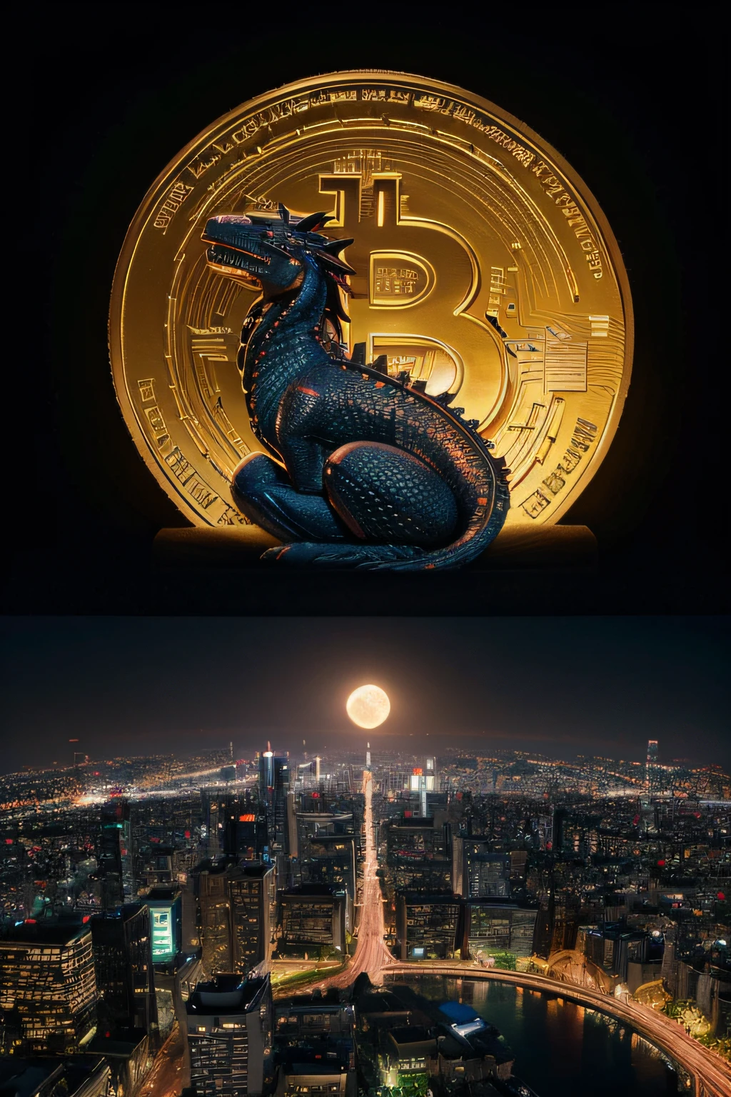 input bitcoin logo,detailed dragon,modern cityscape,big moon,(best quality,highres),ultra-detailed,photorealistic,concept artists,vibrant color tones,soft lighting