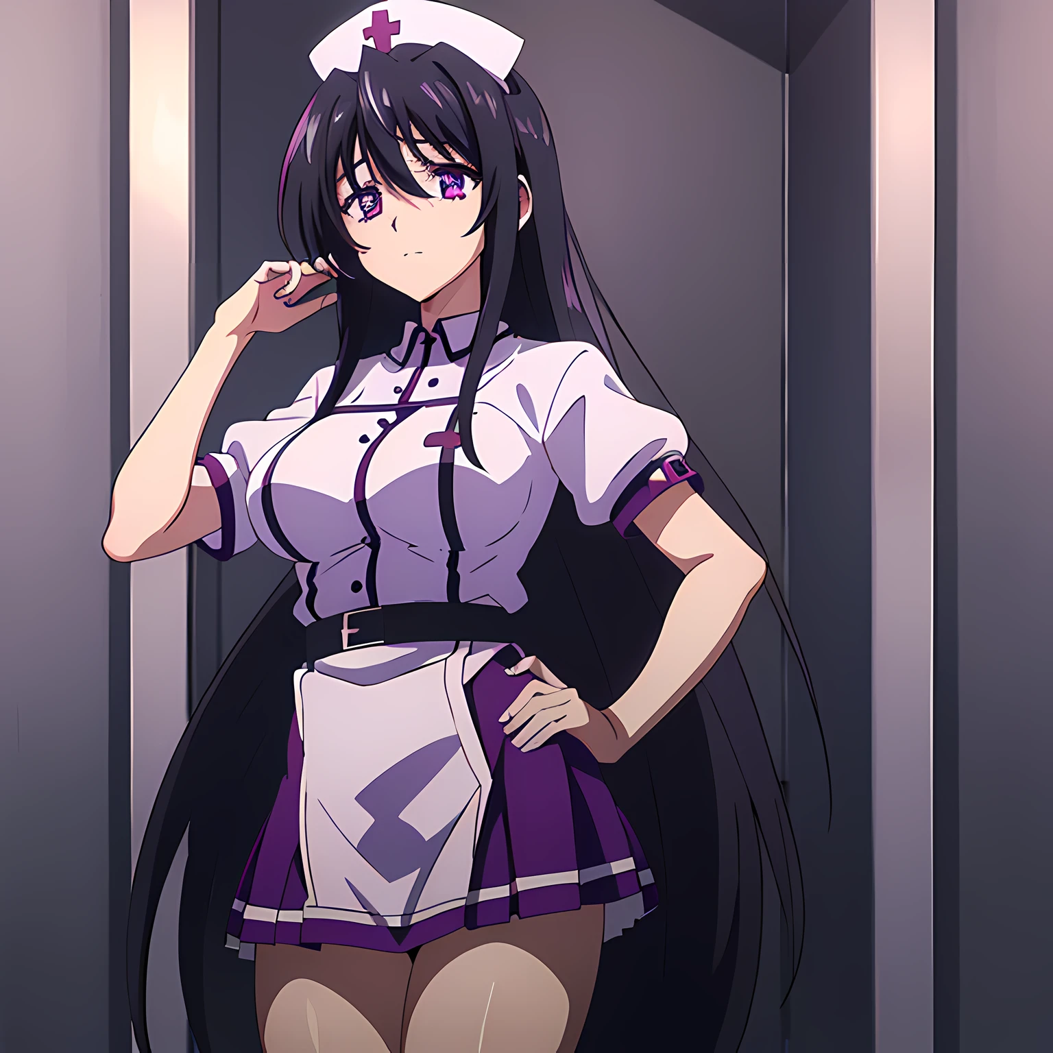 1 girl, (beautiful eyes finely detailed, purple eye color, black hair, long hair), wearing nurse uniform, nurse cap, short sleeve, short mini skirt, (full body:0.8), the backgroud is hospital room, masterpiece, high-resolution, masterpiece, top-quality, detailed, best anime illustration.