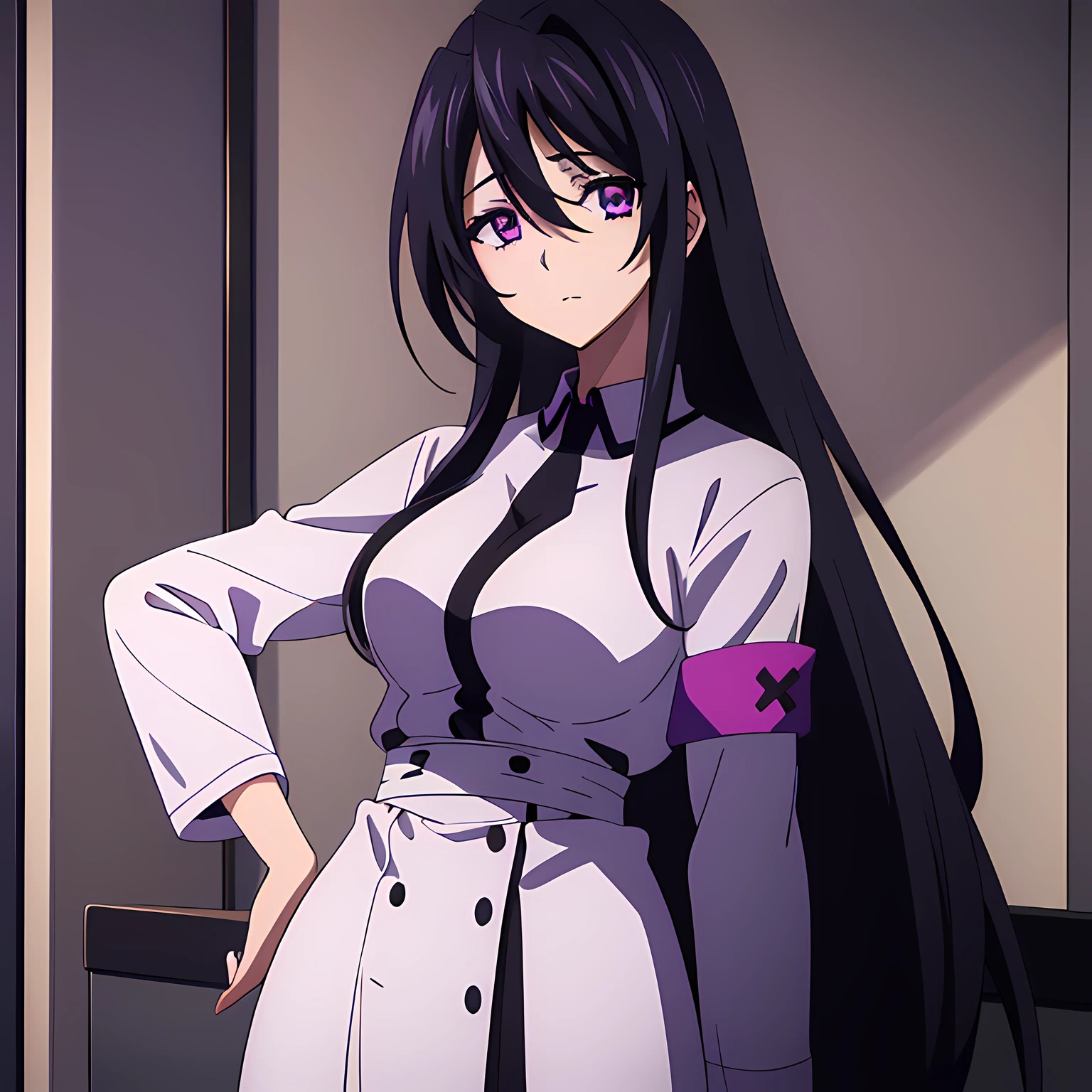 1 girl, (beautiful eyes finely detailed, purple eye color, black hair, long hair), wearing nurse uniform, (full body:0.8), the backgroud is hospital room, masterpiece, high-resolution, masterpiece, top-quality, detailed, best anime illustration.