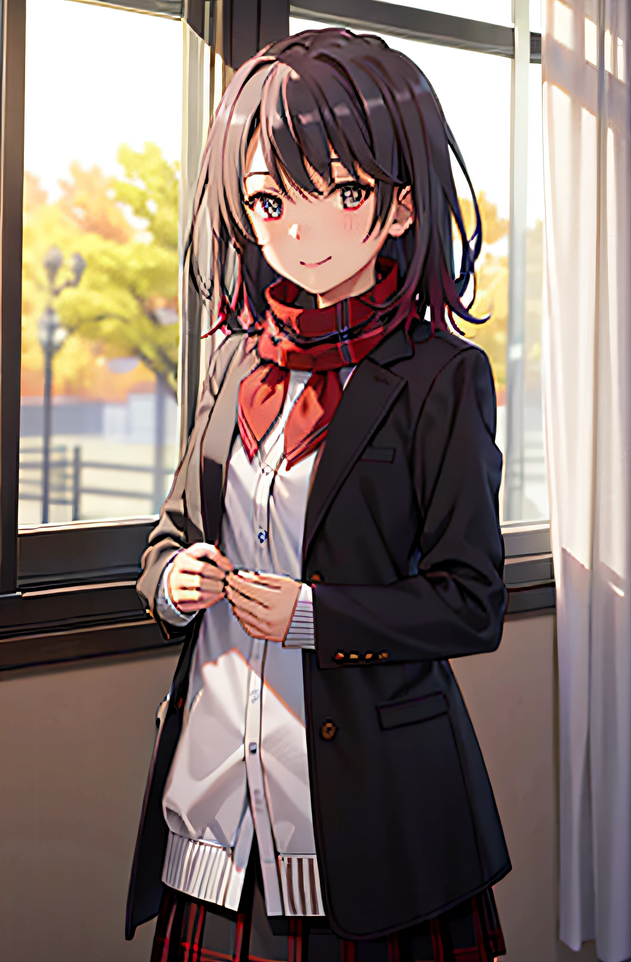 (masterpiece),best quality,Amazing,finely detail.Depth of field,beautiful detailed eyes,school,1girl,yukinoshita_haruno,cowboy shot, red_coat,medium hair, sad,(bowtie_scarf), smile