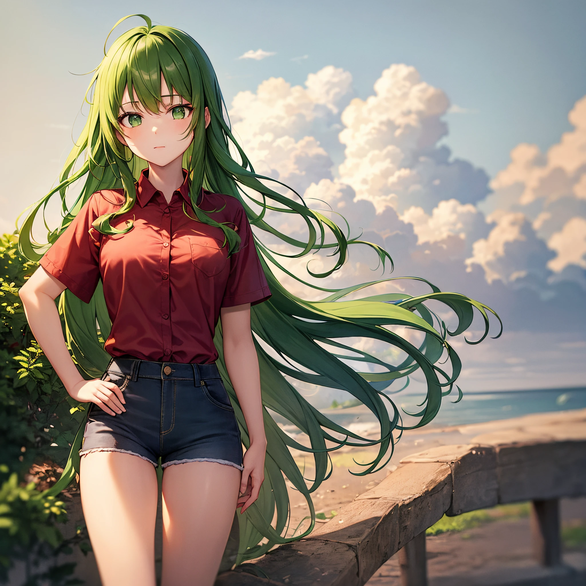 masterpiece, best quality,  1girl,single long hair,green hair,curly hair,green eyes,red shirt,collared shirt, ,short sleeves,shorts,cloud print,buttons,grey background, cowboy shot,