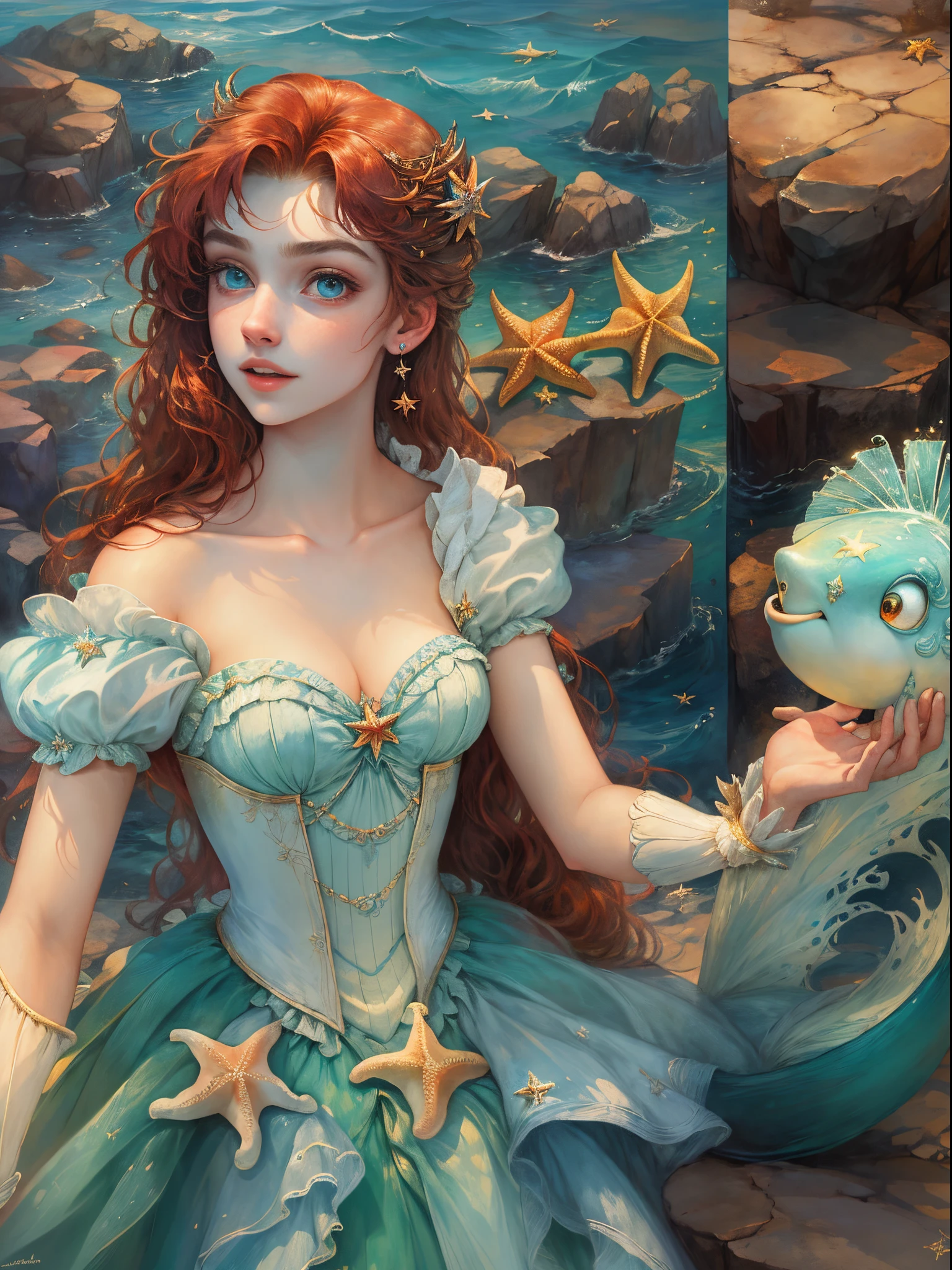 HighestQuali，tmasterpiece：1.2，Detailed details，A 16-year-old woman dressed up as a portrait of Ariel the Little Mermaid of Disney，Exquisite facial features，She held a starfish in her hand，She sits by the sea，There is foam everywhere