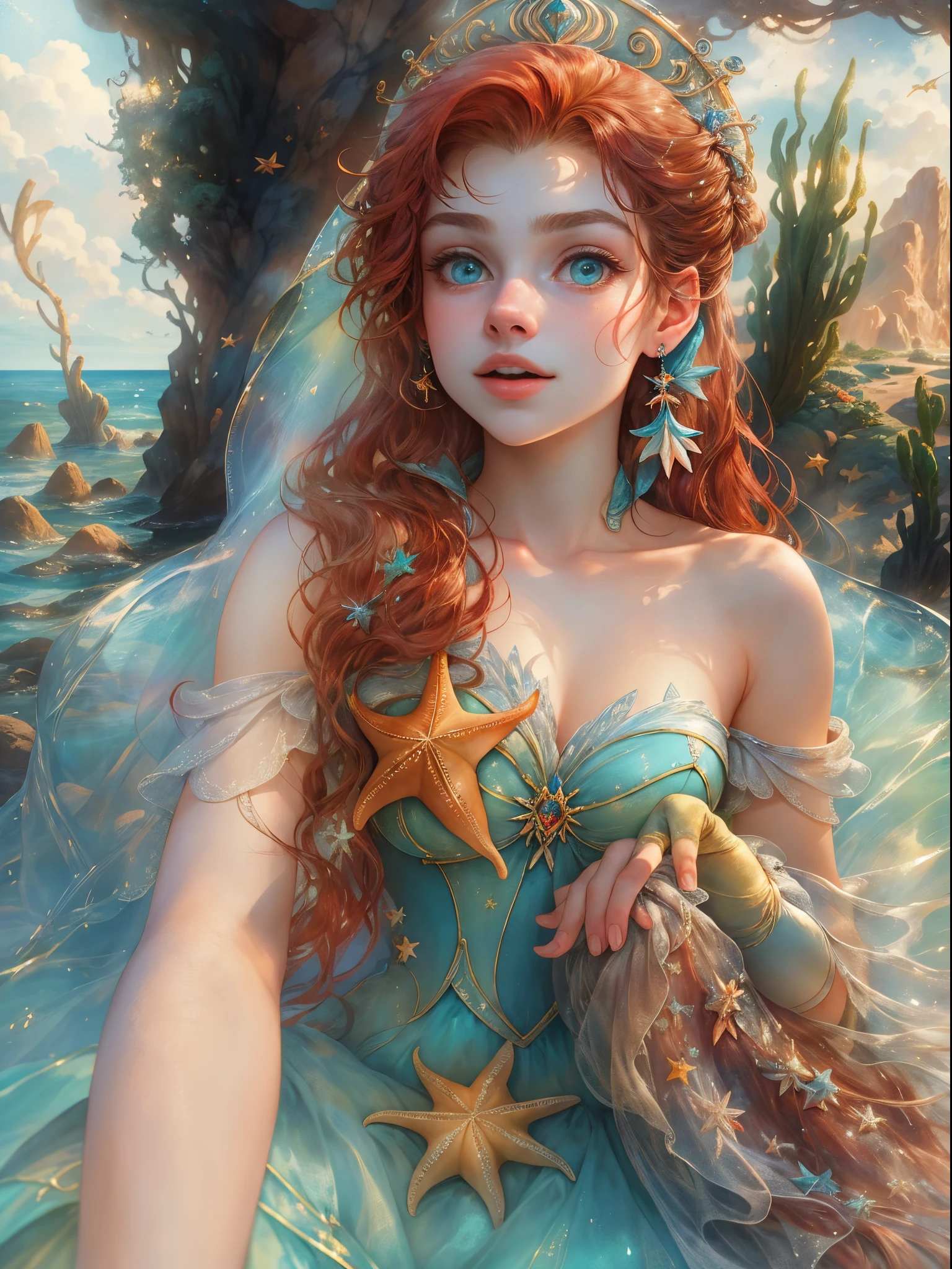 HighestQuali,tmasterpiece:1.2,Detailed details,A 16-year-old woman dressed up as a portrait of Ariel the Little Mermaid of Disney,Exquisite facial features,She held a starfish in her hand,She sits by the sea,There is foam everywhere