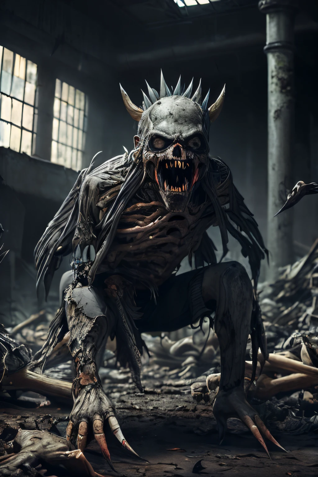 (extremely detailed 8k wallpaper), Dark Theme, (zombie), ((grey eyes)), uses (torn clothes), ((large claws)), ((sharp teeth)), ((gray skin)), (((Bone Spikes on the body))), fine focus, (subsurface dispersion:1.1), centered face, (((realistic))), (((Full Body))), award-winning photography, dramatic lighting, underground building.