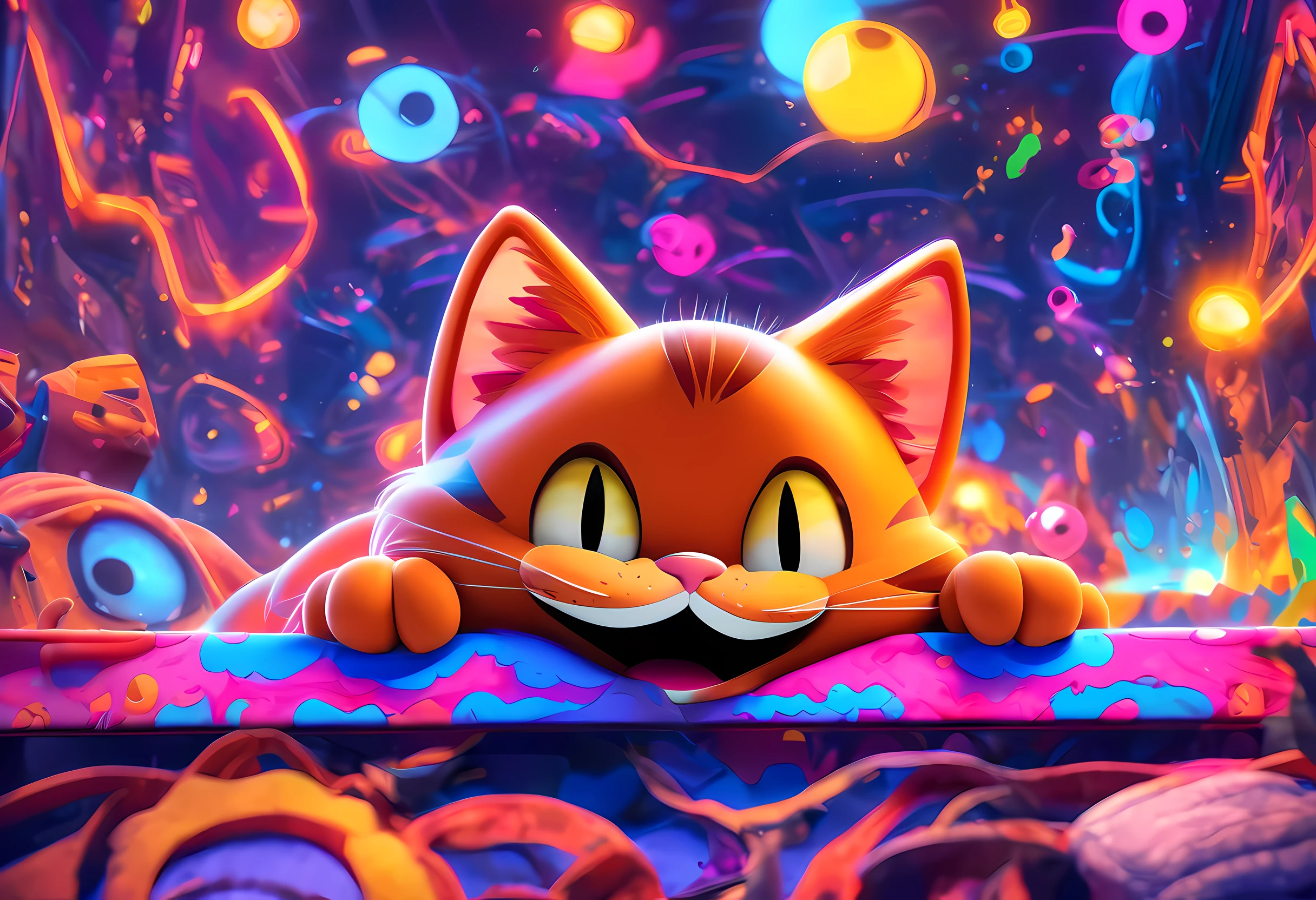 Immerse yourself in a digital masterpiece with this artwork prompt featuring a charismatic Garfield cat. The artist's digital prowess brings the character to life, capturing its playful and mischievous spirit. The artwork portrays the cat in an interactive and creatively expressive setting, creating a sense of tension and anticipation. The use of vibrant colors, textures, and lighting techniques adds depth and dimension to the artwork, enhancing the overall visual impact. The attention to detail ensures that every aspect of the cat, from its expressive eyes to its iconic grin, is flawlessly rendered. This digital artwork invites viewers to engage with the charm and charisma of Garfield in a captivating and immersive way. Created by renowned digital artist Gemmy Woud-Binnendijk,((Best quality)), ((Masterpiece)), ((Realistic)),axial symmetry, and a magnificent background.