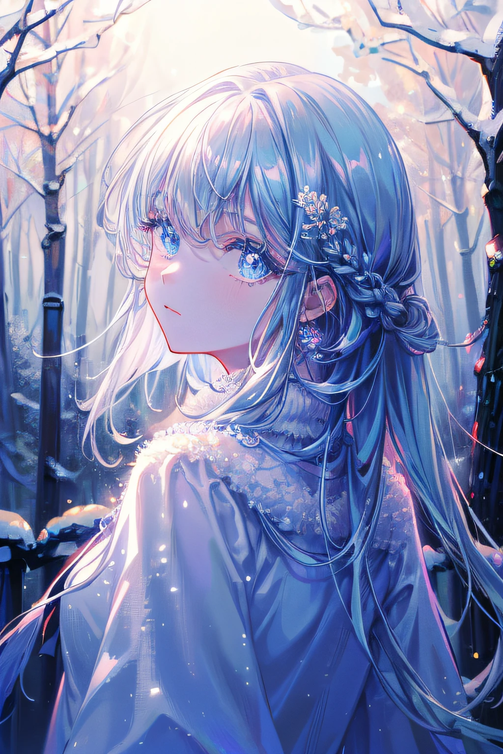 (​masterpiece、8K、top-quality)、(Soft light:1.3), Detailed face, Detailed eyes, Dress, beautiful digital works of art, landscape, Back Light, Many flowers, forest, Sparkling eyes, Winters, Warm, Warm light, Snow