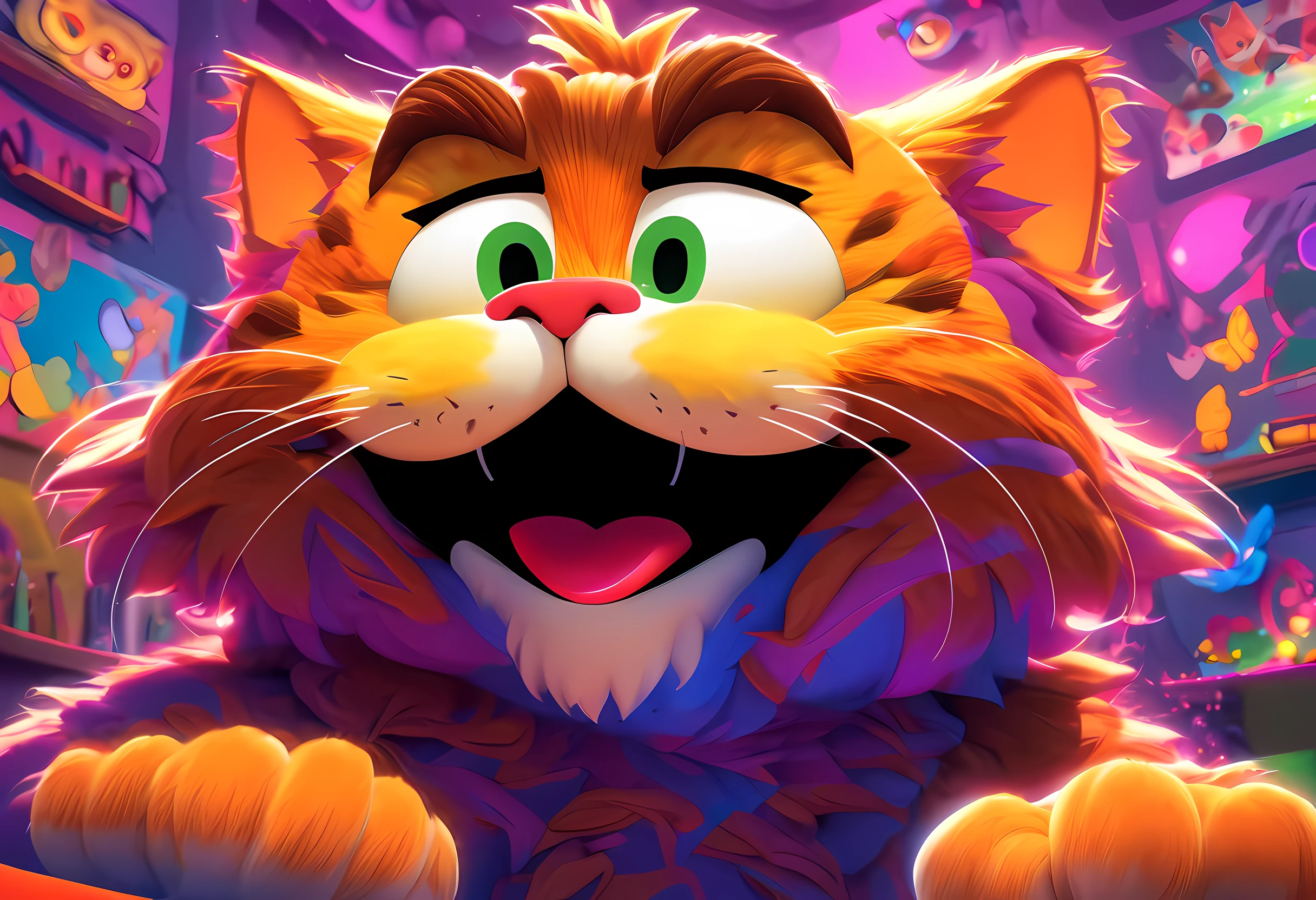 Immerse yourself in a digital masterpiece with this artwork prompt featuring a charismatic Garfield cat. The artist's digital prowess brings the character to life, capturing its playful and mischievous spirit. The artwork portrays the cat in an interactive and creatively expressive setting, creating a sense of tension and anticipation. The use of vibrant colors, textures, and lighting techniques adds depth and dimension to the artwork, enhancing the overall visual impact. The attention to detail ensures that every aspect of the cat, from its expressive eyes to its iconic grin, is flawlessly rendered. This digital artwork invites viewers to engage with the charm and charisma of Garfield in a captivating and immersive way. Created by renowned digital artist Gemmy Woud-Binnendijk,((Best quality)), ((Masterpiece)), ((Realistic)),axial symmetry, and a magnificent background.