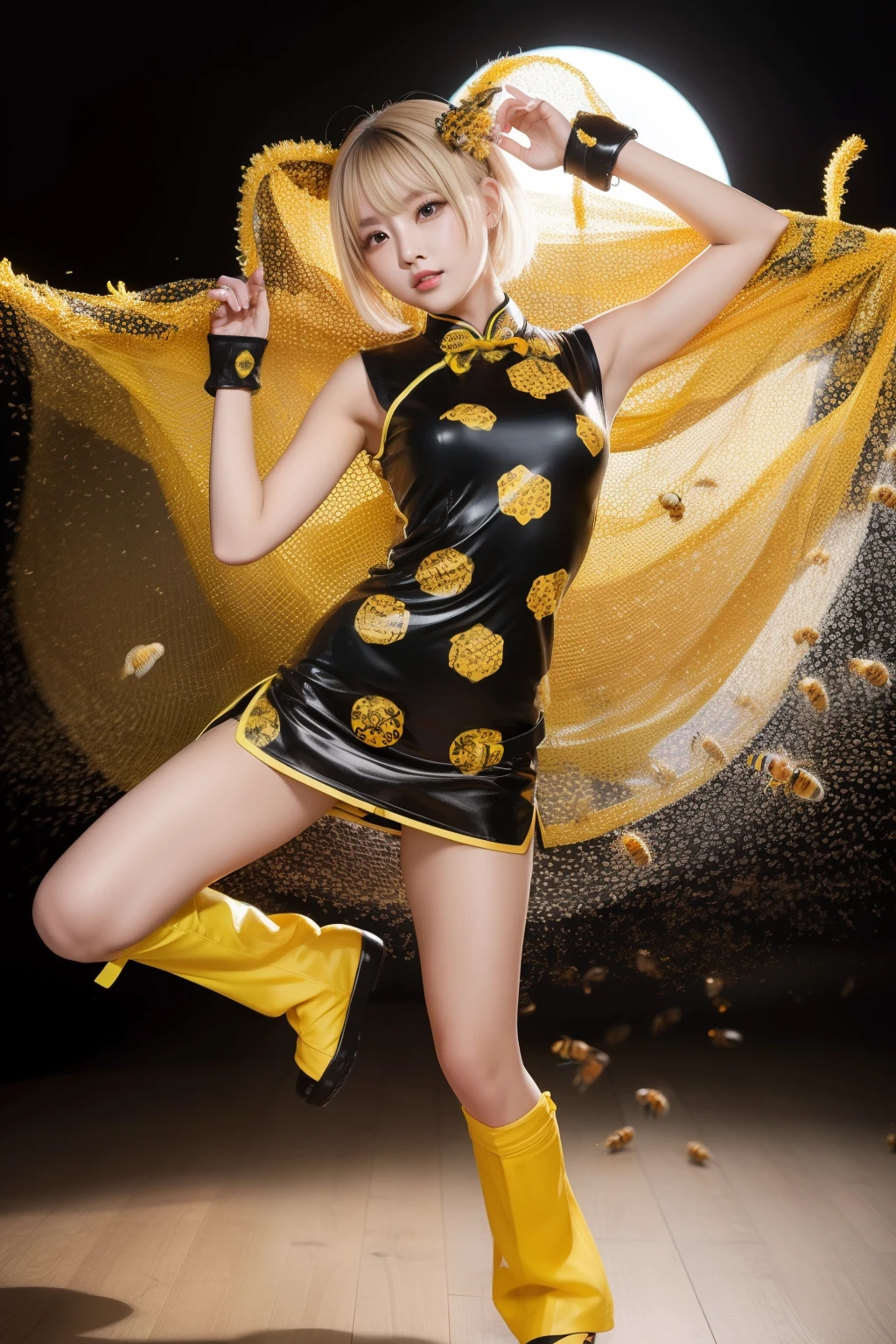 Female idol covered in bees、full body Esbian、、kung fu mini cheongsam(shiny black and yellow)、Blonde Shorthair、、fighting poses
