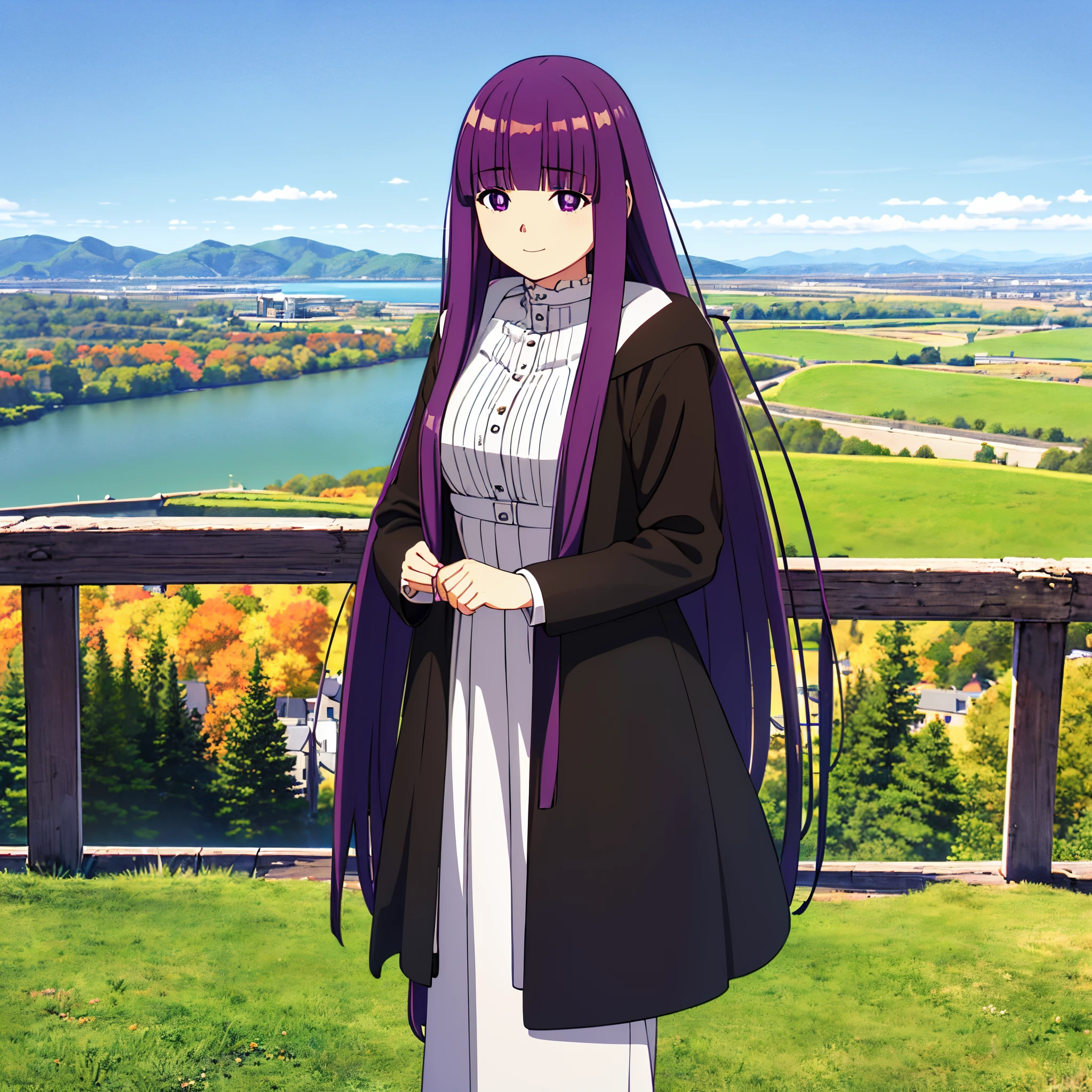 distance view, ultimate cute girl, long hair, (masterpiece, finely detailed beautiful eyes: 1.2), (Vast landscape:1.2), long black coat, long white dress, realistic, 3d face, (lustrous skin), (very beautiful background), purple long hair, purple eyes, blunt bangs, medium breasts, (looks happy:1.2), (blush:1.2), on local train, autumn, nostalgic, Lean out the window BREAK