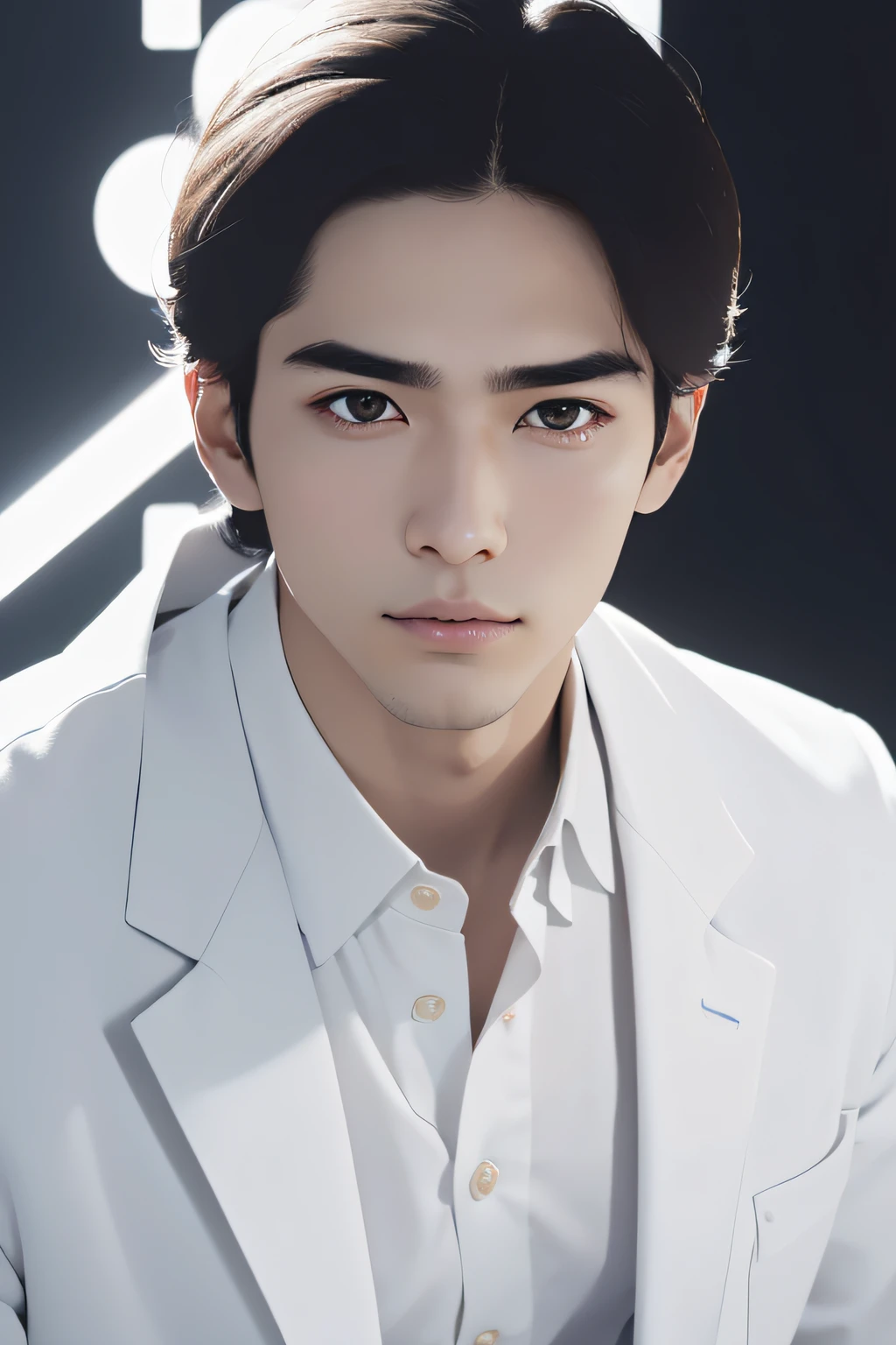 ((mirai)),(technology),((android)),thinner eyebrows,(masutepiece), Best Quality,((Narrow-eyed)), ultrdetailed,Illustration,Ultra detailed view,(((Korea person))), (Realistic),(((A dark-haired))),((((ung Man)))),(full body Esbian),((Researcher in white coat)),((Cool images)),(Not wearing glasses),twinks,(light skinned),(Know),Black eyes,(gender: Natural face),((Long body)),((white shirt)),clean lab,(Beautiful fece),(((((Cool look)))))