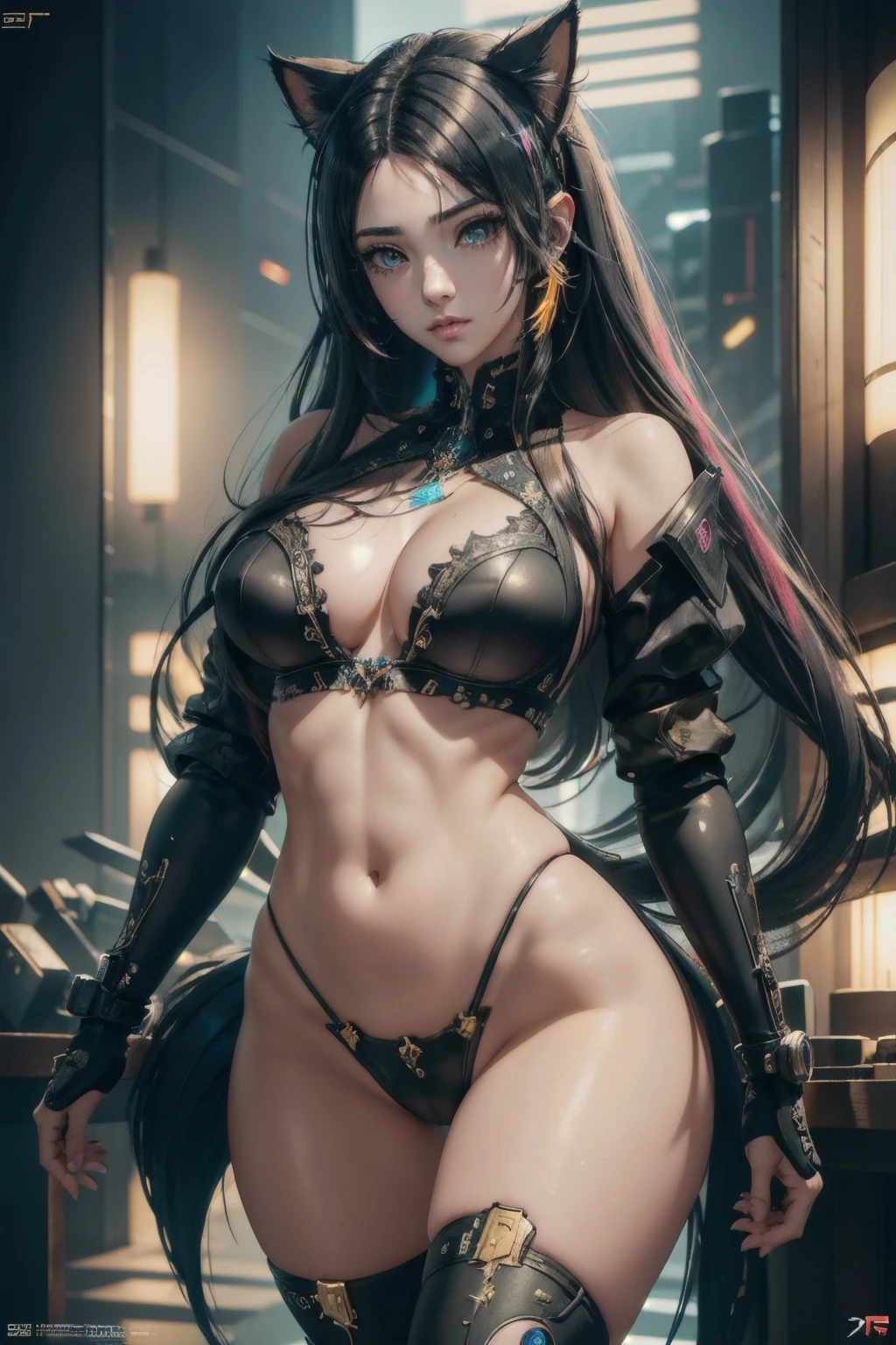 beautiful photorealistic photograph of a cyberpunk catgirl with long multicolor hair and swishing tail, ((Best quality)), ((masterpiece)), (detailed: 1.4), depth of field f/2.8,