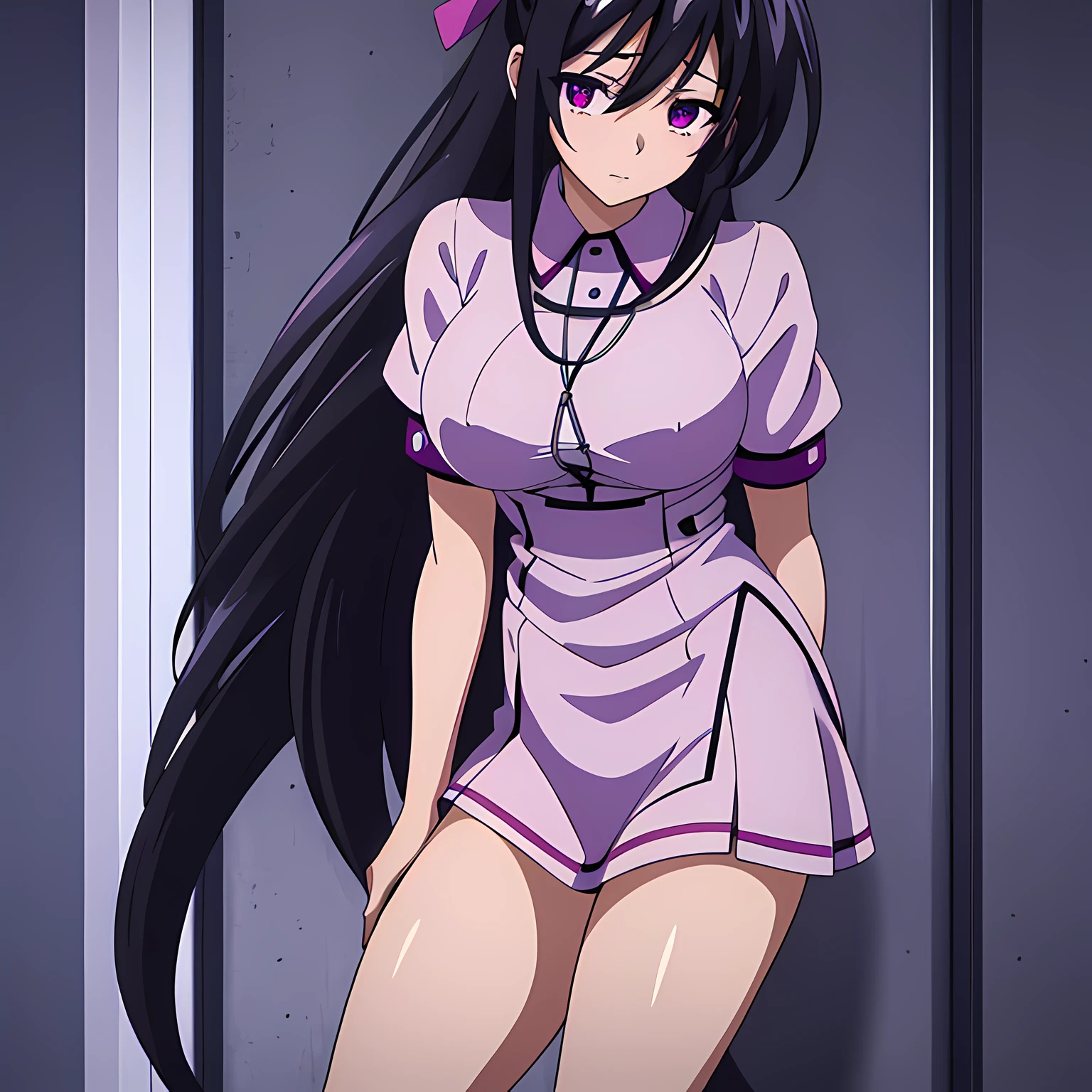 1 girl, (beautiful eyes finely detailed, purple eye color, black hair, long hair), wearing nurse uniform, nurse cap, short sleeve, short mini skirt, (full body:0.8), the backgroud is medical checkup room, masterpiece, high-resolution, masterpiece, top-quality, detailed, best anime illustration.