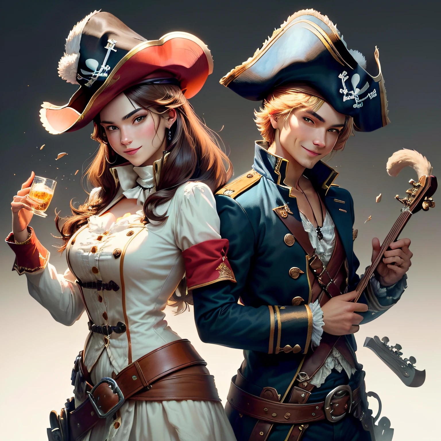 bust,Captain Cat Head,Have a nice pirate hat and a confident smile,Two hands playing a bone guitar,tmasterpiece, Best quality at best, (extremely detaild的 CG unified 8k wallpapers), (Best quality at best), (Most Best Illustration), (The best shadow), absurd res, Luzes Realistas, (Abyss), Beautiful and detailed light, Artworks of Peter Morbach,