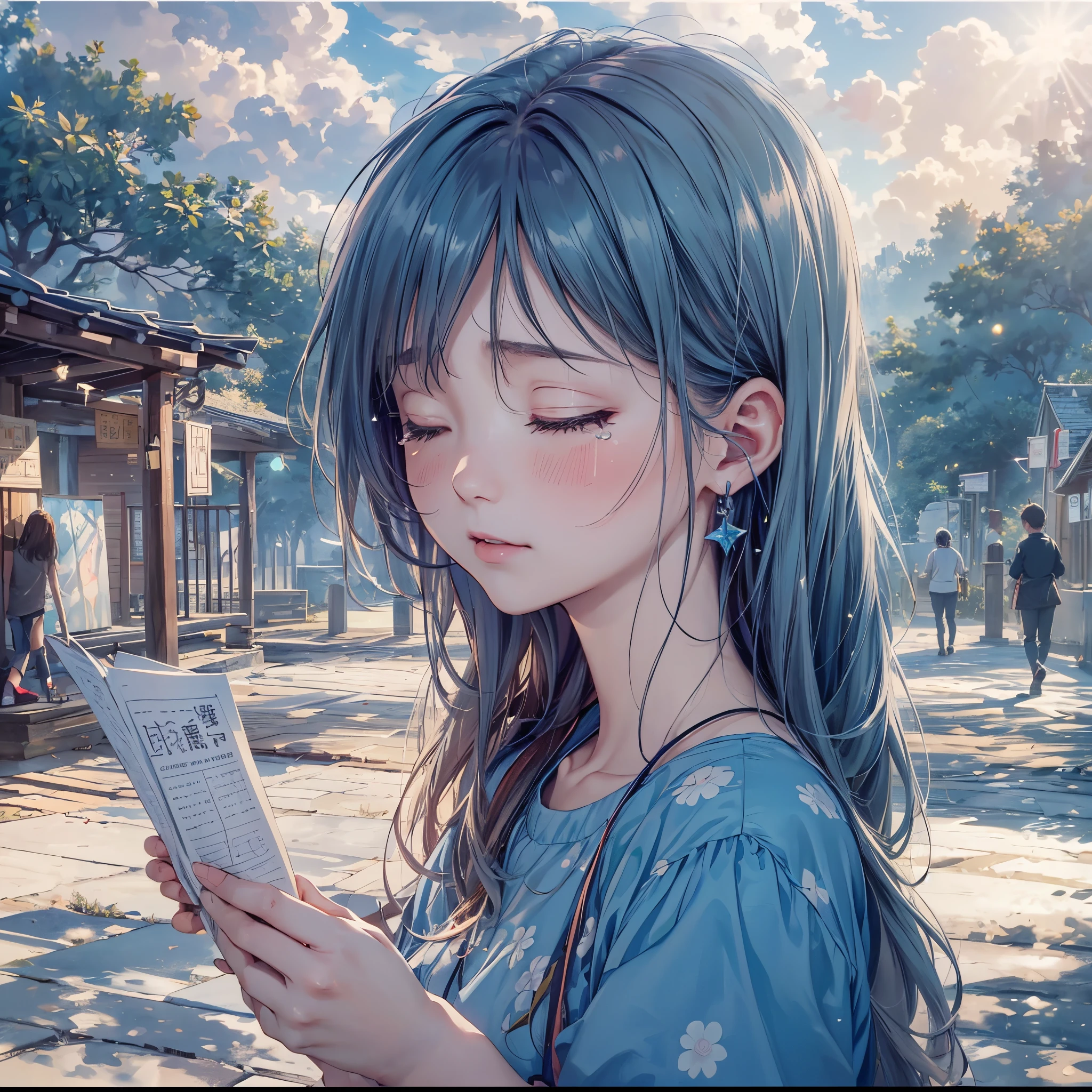 top-quality,masutepiece,1womanl,独奏,(Artistically:1.4),(Superb view:1.6),(A sparkling blue world:1.4),(Close your eyes and shed tears:1.4)There is a beautiful woman at the center of the world,A ray of light,prisma,i just stood there,i exhale、I was doing everything I could to deal with my worst anxiety...,I am clumsy,i'i'I'm running away from being hurt,I comfort myself by going back and forth between reality and my notes...,What a difficult world to live in...,Please be by my side so that my sadness disappears...,dong'dong'don't take everything away,No one will scold you if you take a short break...,a person々complexion while observing,very sad and pathetic,timid and beautiful,i'i'I'm afraid of being hated,I wonder if I can believe it???,tome'tome'It's okay to be here,you are no good'you are no good'You don't have to try too hard,please accept yourself kindly,The words shine with all their might,