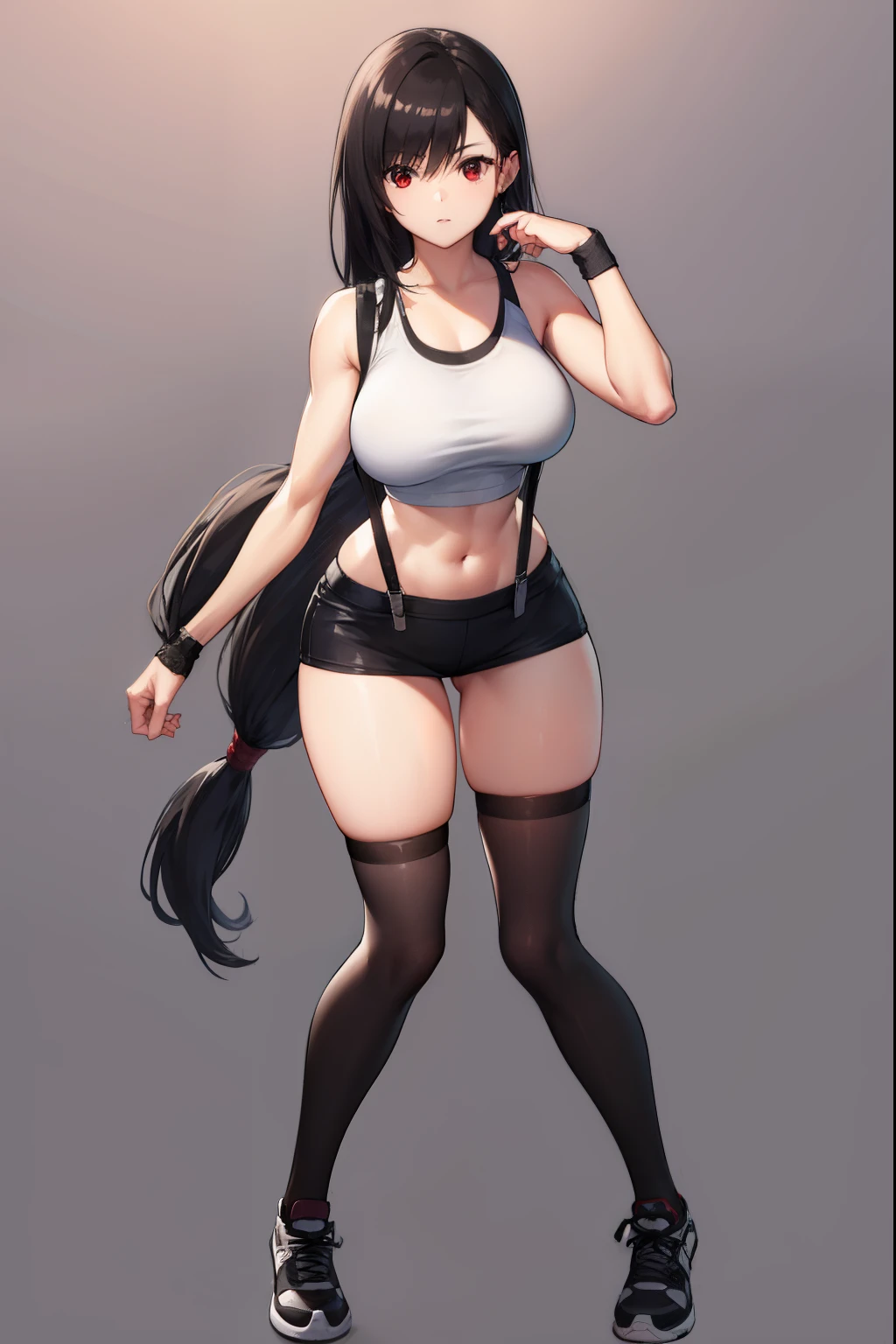 Tifa Lockhart, Tifa Lockhart, Black hair, Long hair, (low-tied long hair:1.5), (Red Eyes:1.5), swept bangs, single sidelock,
Break Arm Guard, Bare shoulders, Black skirt, Black Sports Bra, black thighhighs, 鎖骨, croptop, earrings, Jewelry, Midriff, Navel, Single earring, Skirt, Sports Bra, Suspender Skirt, suspenders, Tank top, Teardrop Earrings, thighs thighs thighs thighs, (White tank top:1.5), zettai ryouiki,
BREAK looking at viewer, Full body,
BREAK outdoors,
BREAK (masutepiece:1.2), Best Quality, High resolution, Unity 8k壁纸, (Illustration:0.8), (Beautiful detailed eyes:1.6), extra detailed face, Perfect Lighting, extremely details CG, (Perfect hands, Perfect Anatomy),