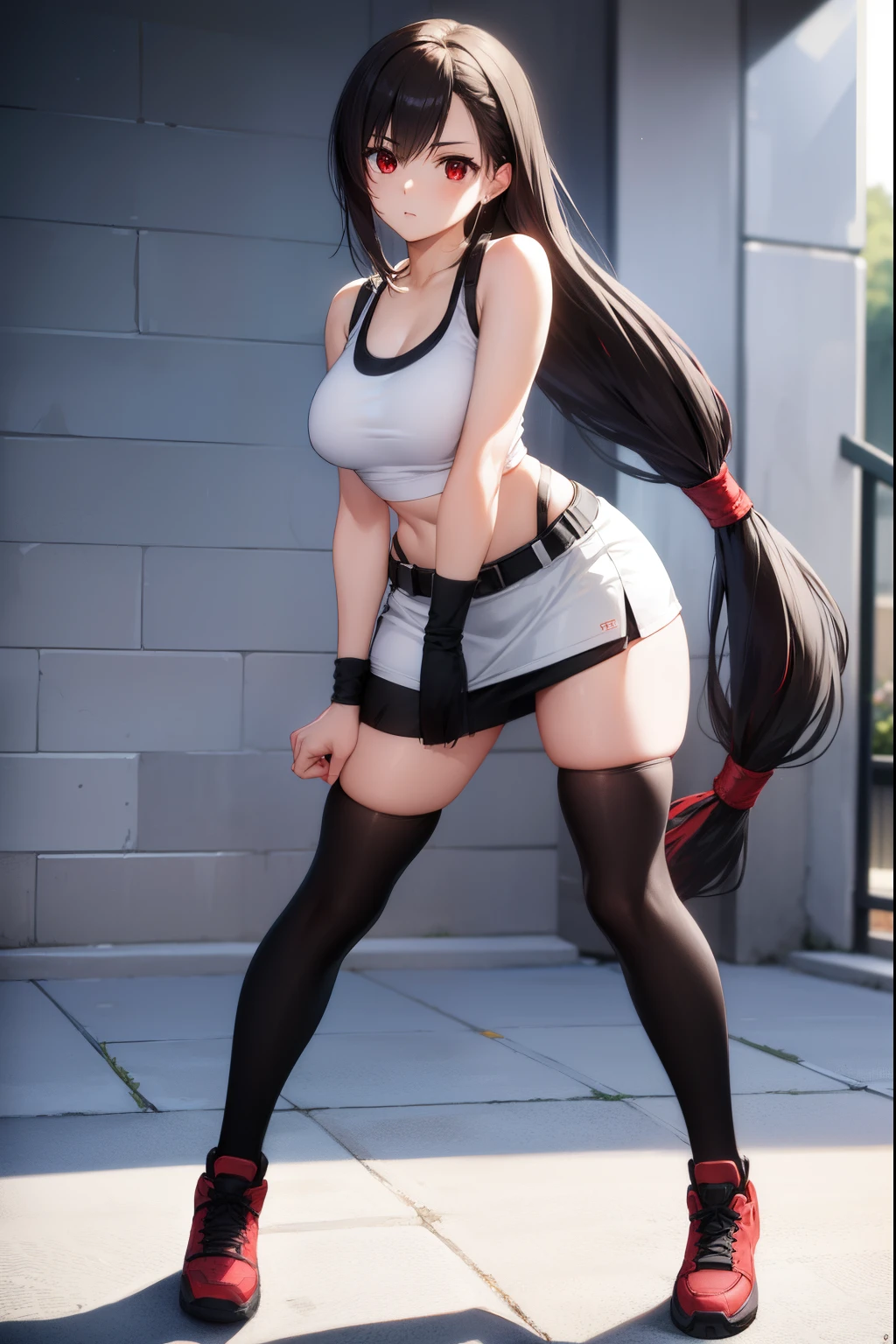 Tifa Lockhart, Tifa Lockhart, Black hair, Long hair, (low-tied long hair:1.5), (Red Eyes:1.5), swept bangs, single sidelock,
Break Arm Guard, Bare shoulders,  Black skirt, Black Sports Bra, black thighhighs, 鎖骨, croptop, earrings, Jewelry, Midriff, Navel, Single earring, Skirt, Sports Bra, Suspender Skirt, suspenders, Tank top, Teardrop Earrings, thighs thighs thighs thighs, (White tank top:1.5), zettai ryouiki,
BREAK looking at viewer, Full body,
BREAK outdoors,
BREAK (masutepiece:1.2), Best Quality, High resolution, Unity 8k壁纸, (Illustration:0.8), (Beautiful detailed eyes:1.6), extra detailed face, Perfect Lighting, extremely details CG, (Perfect hands, Perfect Anatomy),